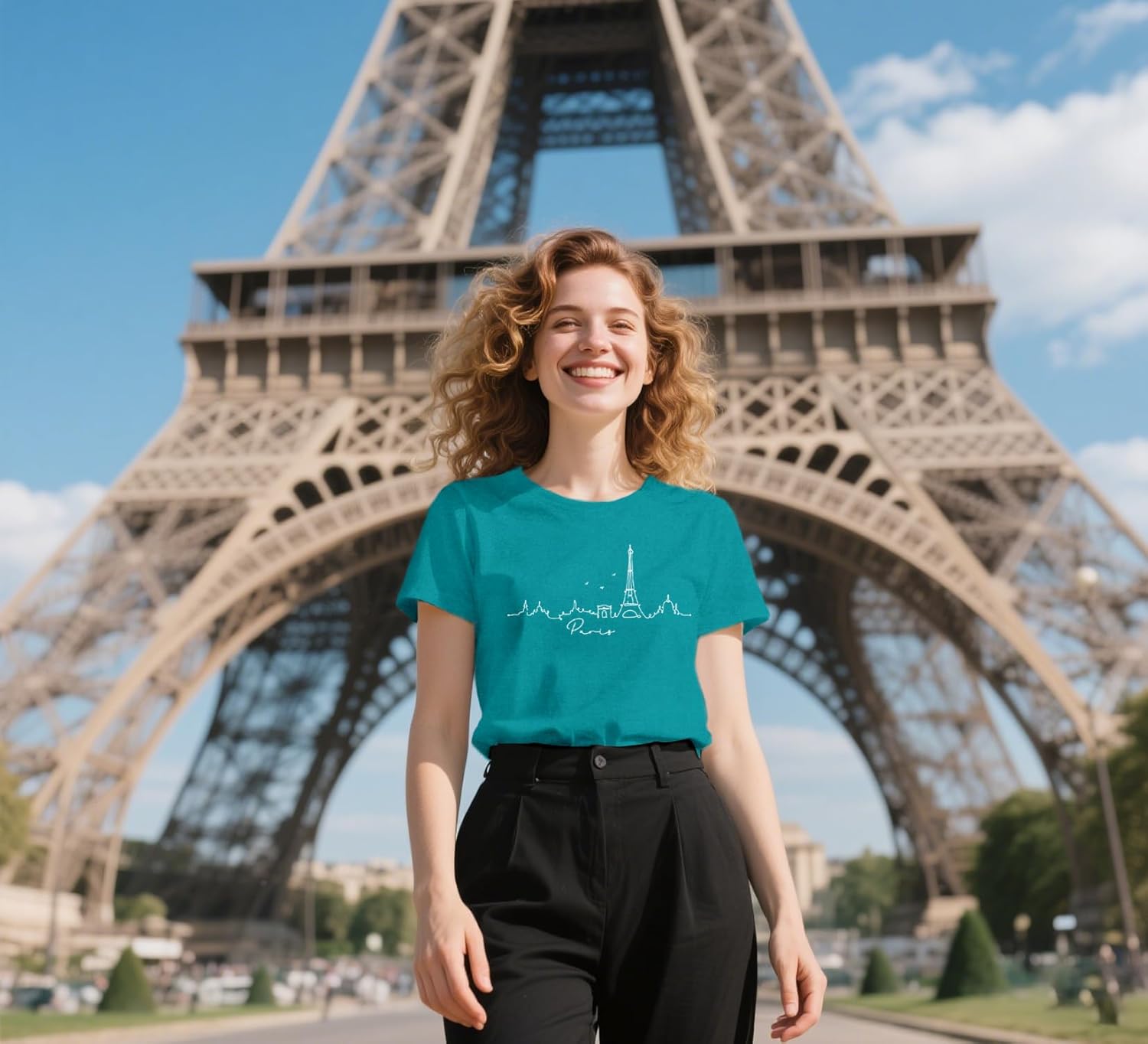 Detalle de Qskall Women's Paris T Shirts Travel in France Tee – Eiffel Tower Bonjour Top