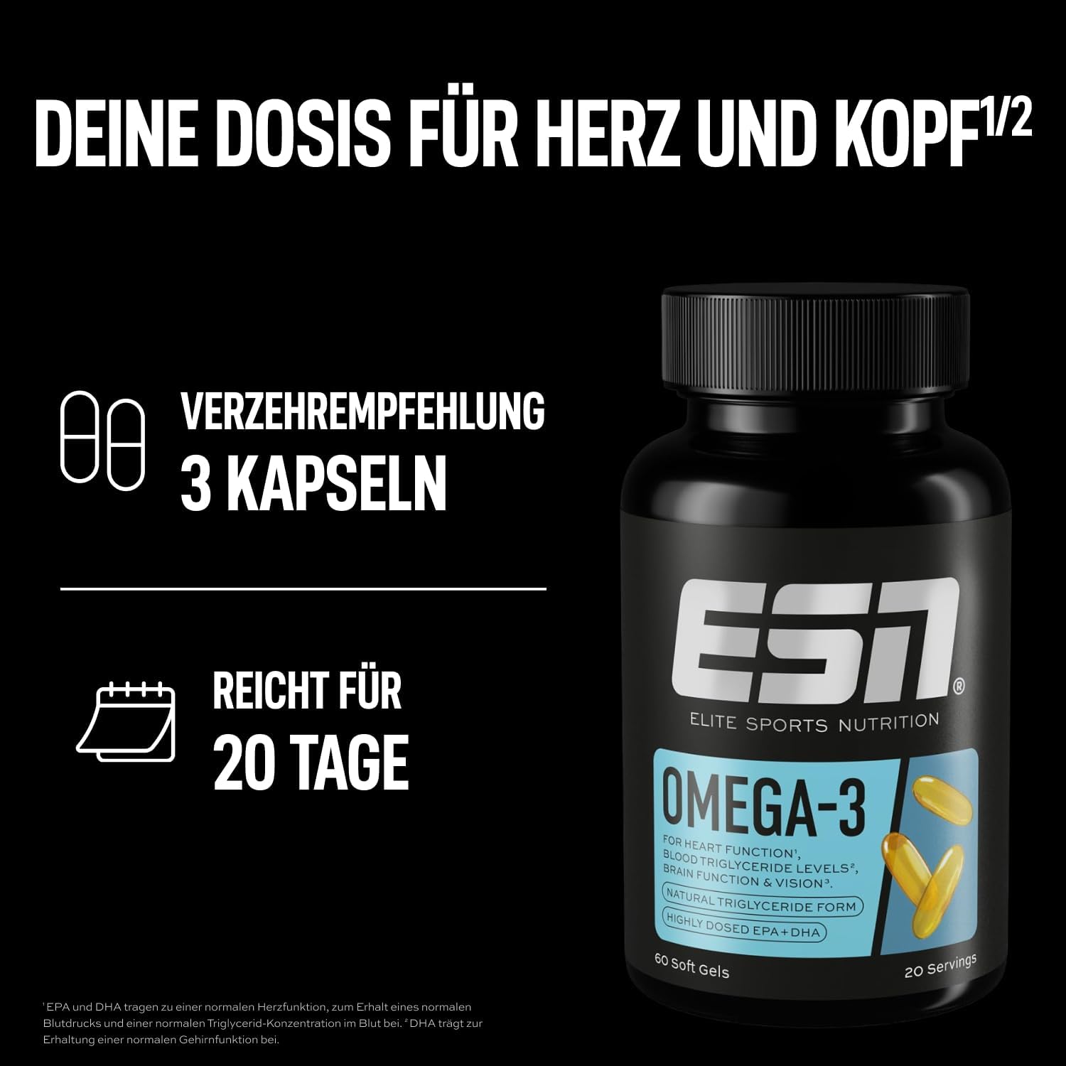 Detalle de ESN Omega-3 – hochdosiertes Fischöl mit 1200 mg EPA & 900 mg DHA, 60 Kapseln