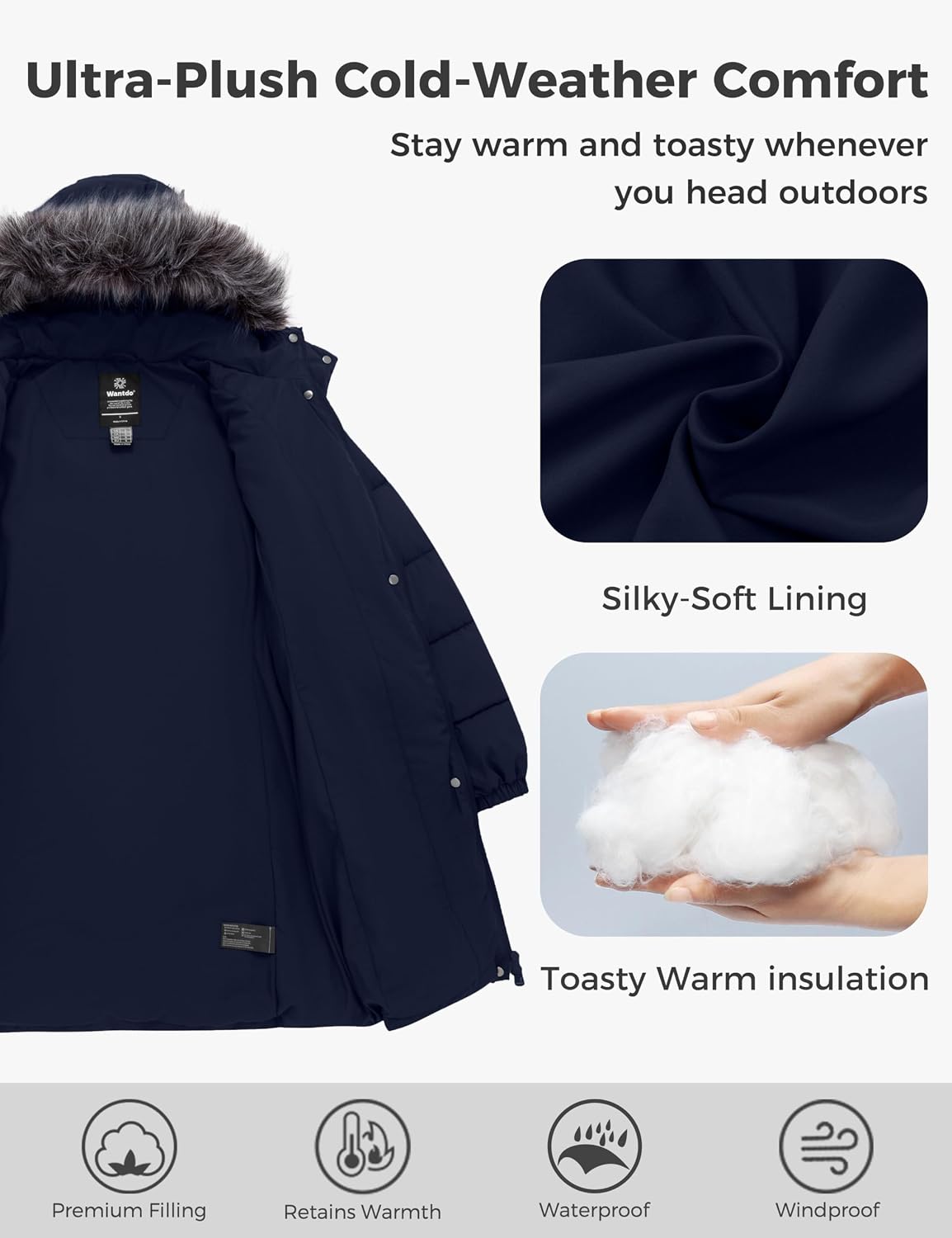 Detalle de Wantdo L7-112 Women’s Long Quilted Puffer Coat, Waterproof and Machine Washable