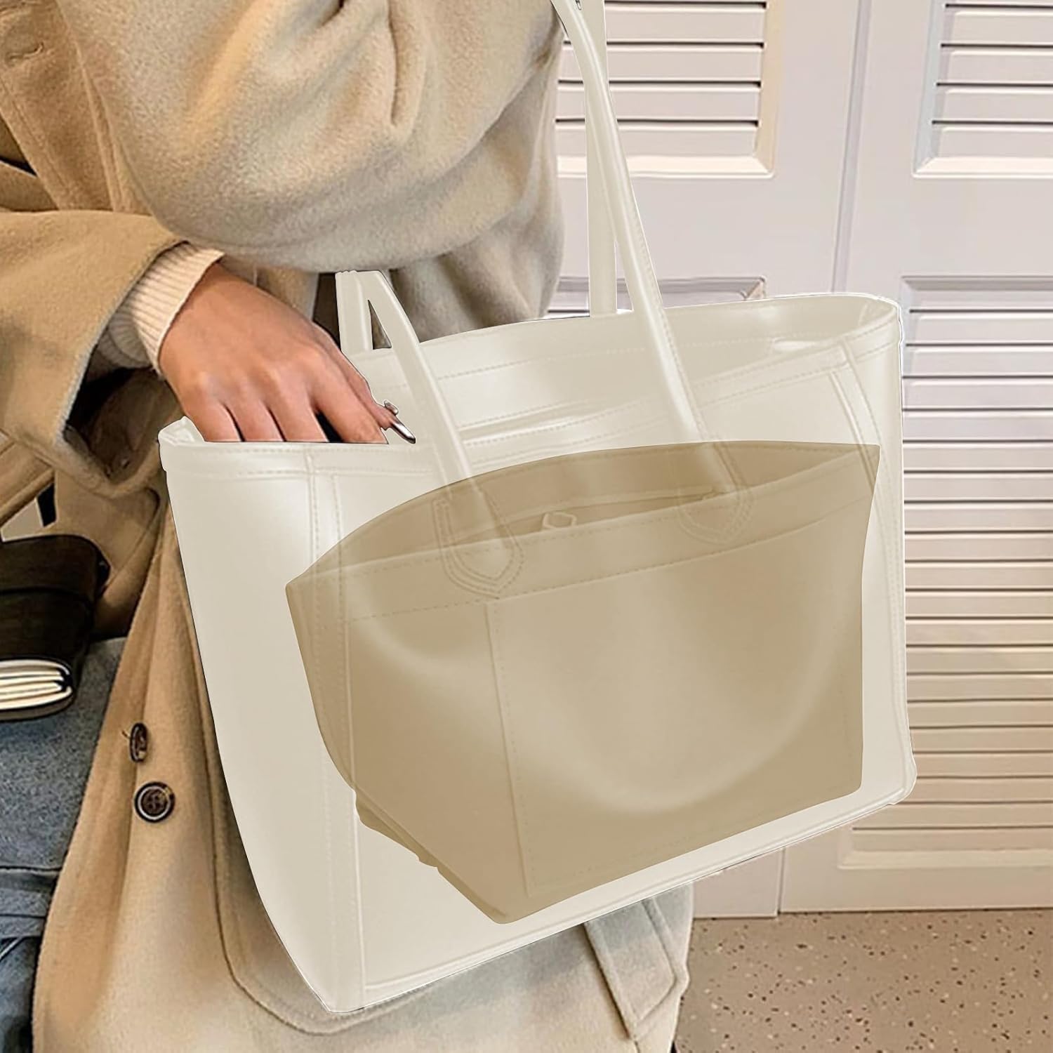 Detalle 2 de HYEPNED Bag Insert Organizer for Longchamp Tote (Khaki, M) – Multi-Pocket Felt Wallet Insert