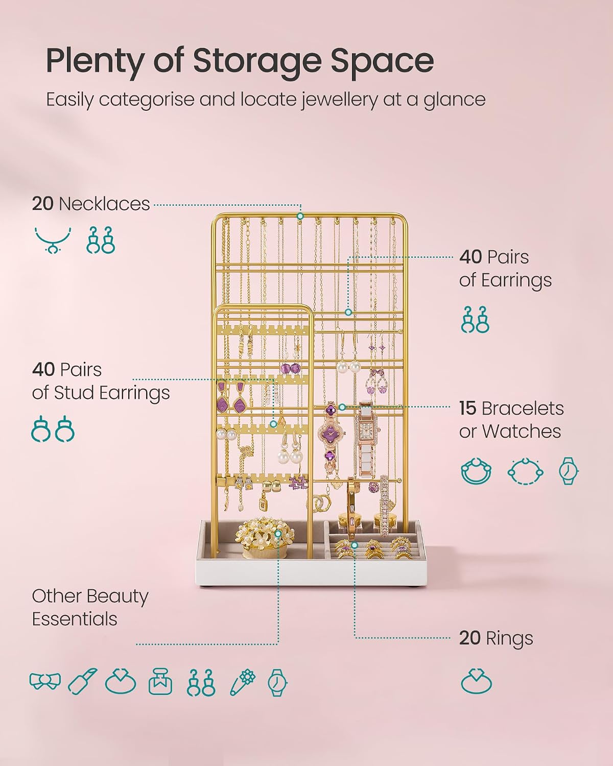 Detalle de SONGMICS CAELEY JJS028A01 Jewellery Stand with Velvet Tray, Pale Gold