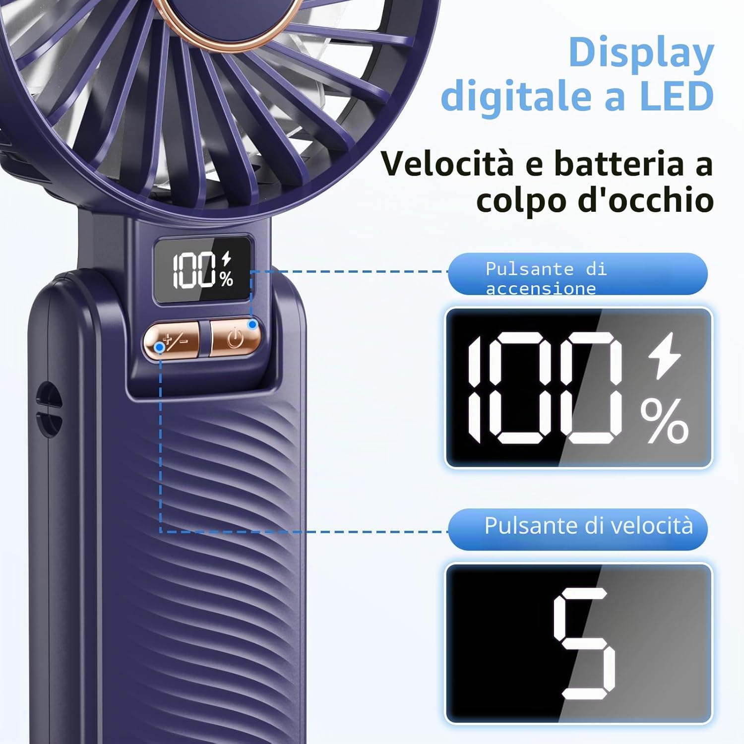 Thumbnail 5 de Mini Ventilatore Portatile 3-in-1: 5 Velocità, USB-C e Display LED per Uso Quotidiano