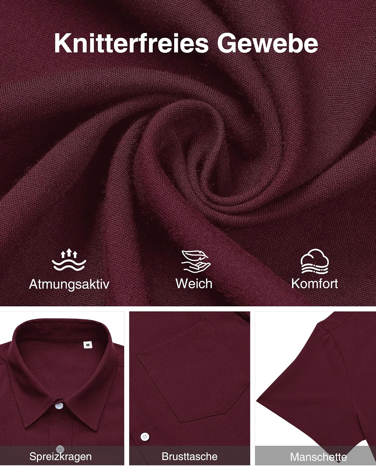 Detalle de J.VER Leinenhemd Herren Kurzarm – Freizeithemd Regular Fit, atmungsaktiv und leicht