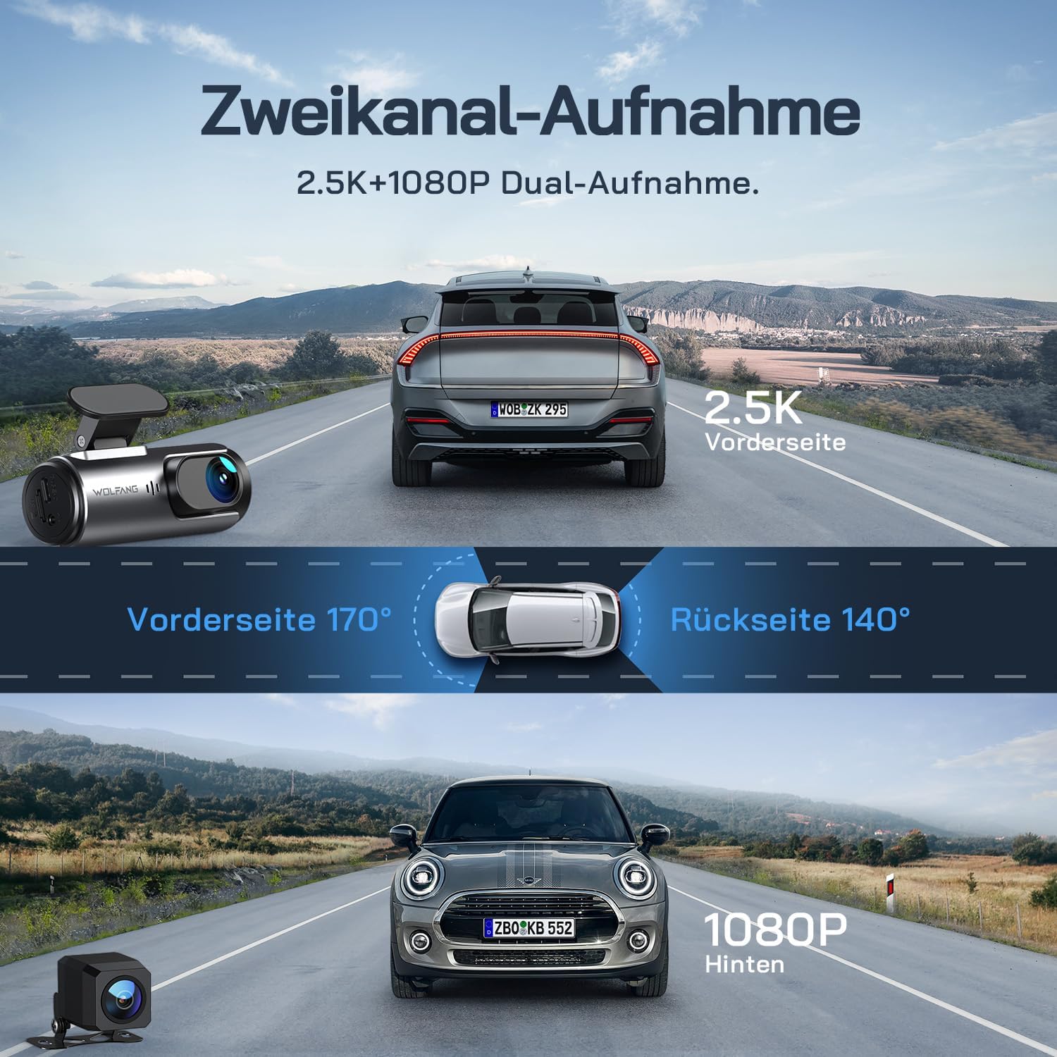 Detalle de WOLFANG WD03 Dashcam Auto Vorne und Hinten – 4K Front, 1080p Rückkamera, WLAN, 170° Weitwinkel