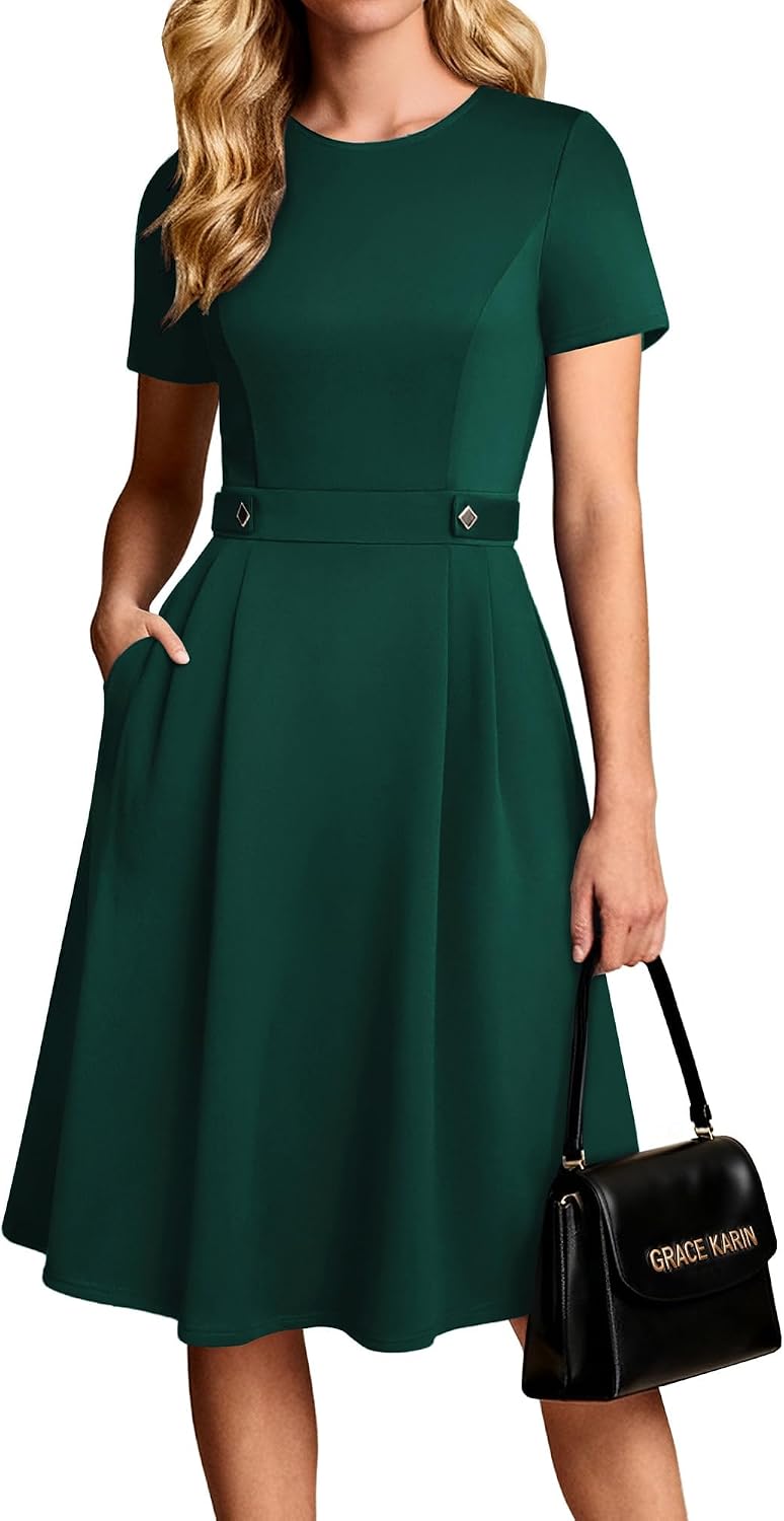 Detalle de GRACE KARIN A-Line Dress for Women UK – Elegant Crew Neck with Pockets