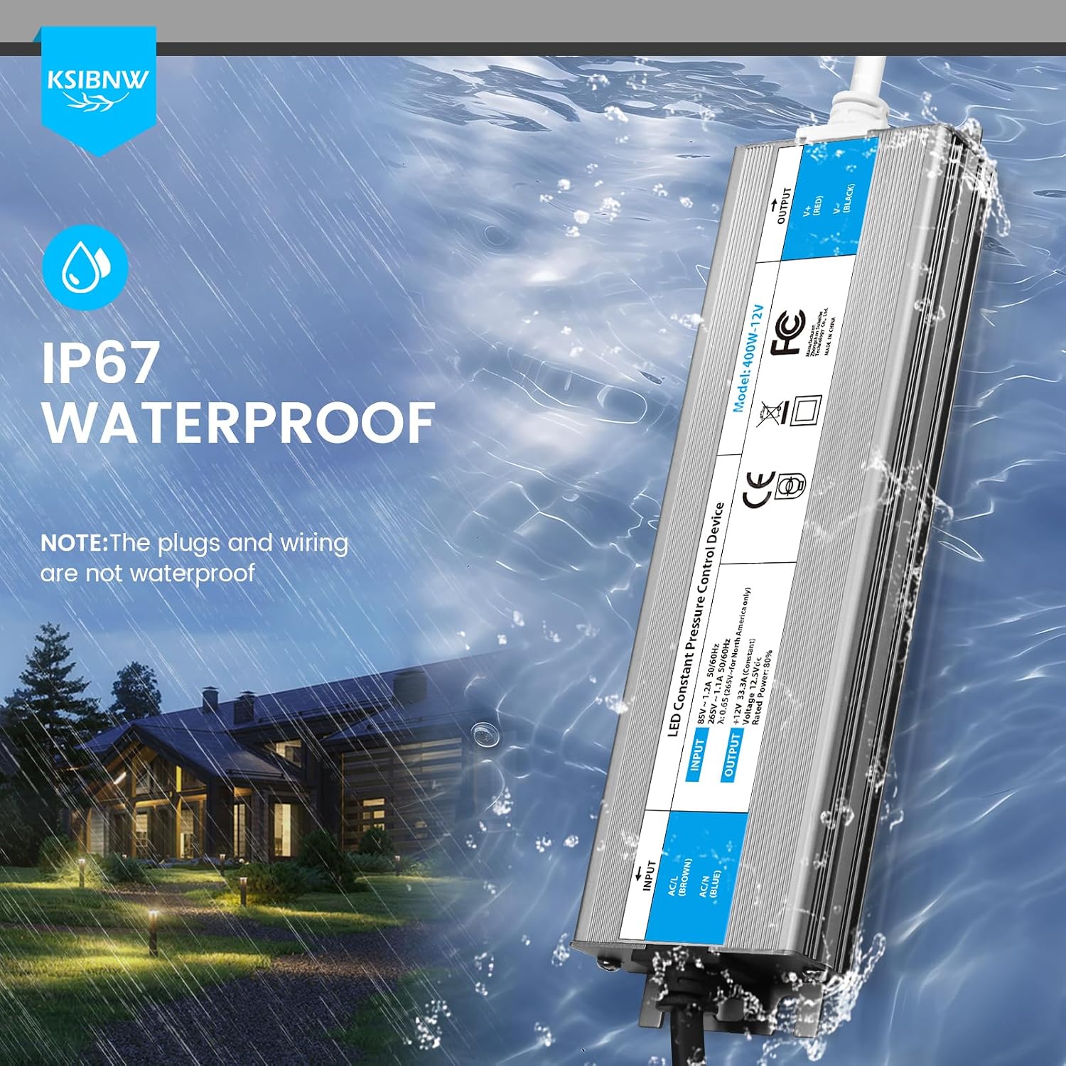 Detalle 2 de KSIBNW Trasformatore LED 12V 36W (IP67) con driver esterno e spina UE, ingresso AC 85–265V