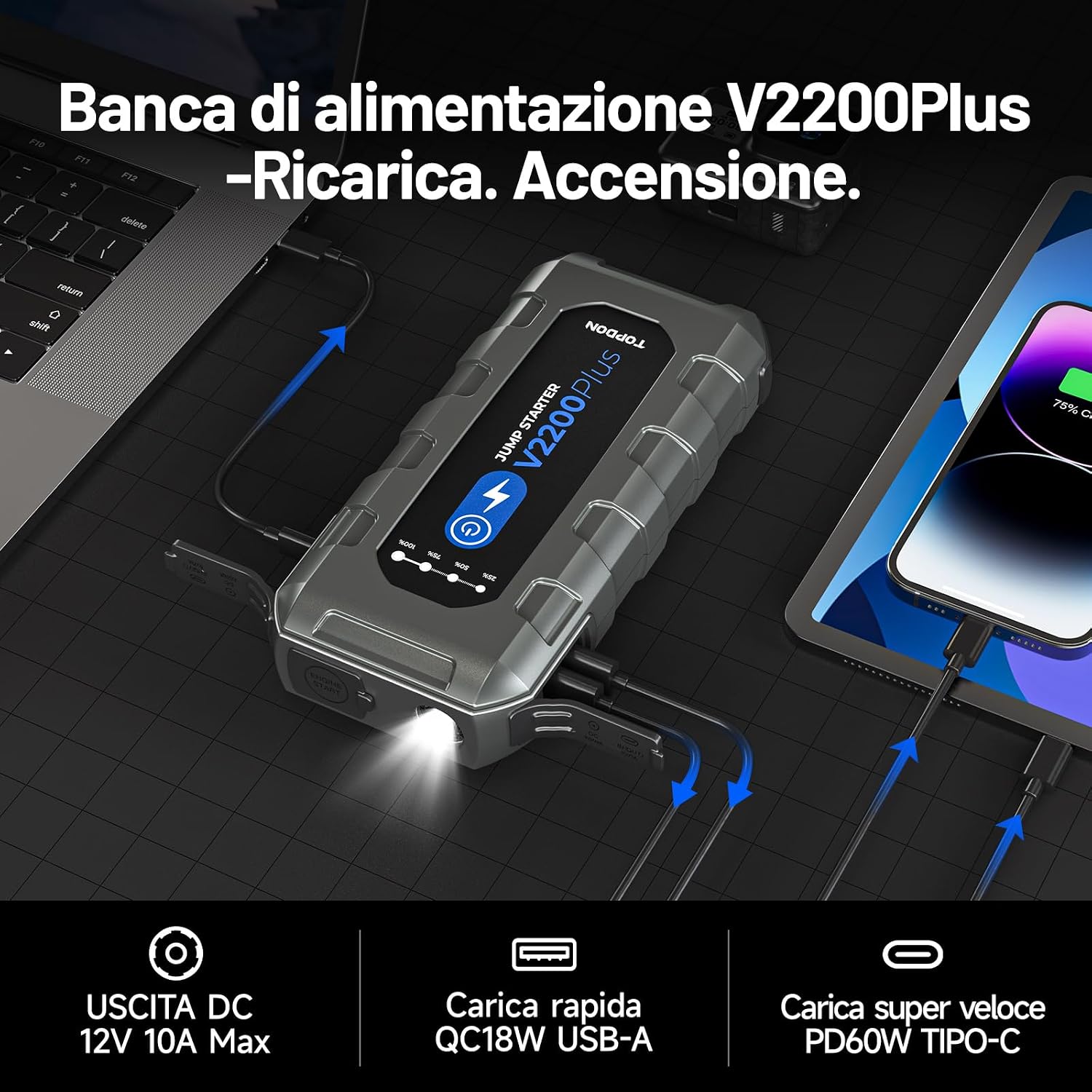 Thumbnail 5 de TOPDON V2200Plus 2-in-1 Booster Avviamento Auto & Tester: Avviatore 2200A, Power Bank 16000 mAh e Torcia LED