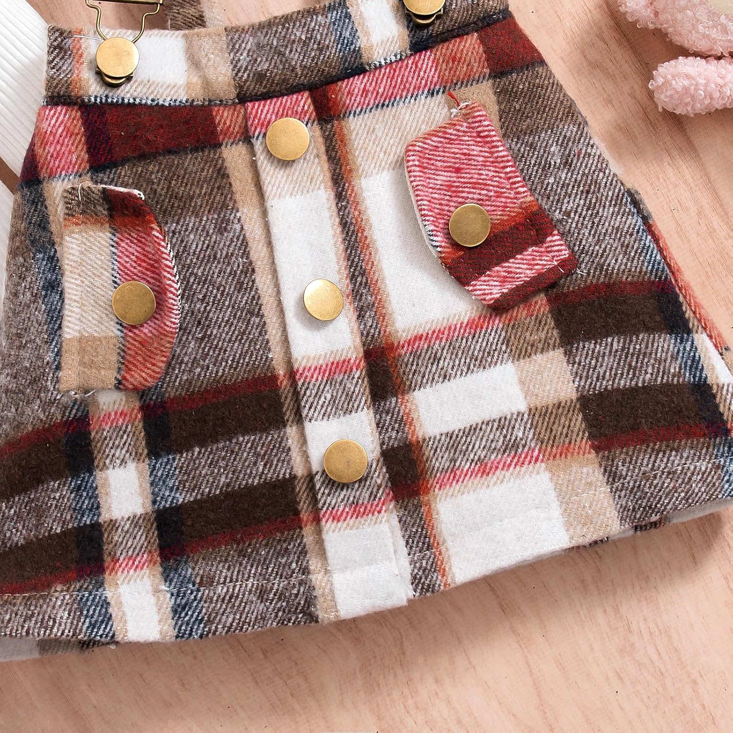 Thumbnail 6 de HPSOM Toddler Baby Girl Skirt Set: Long Sleeve Ruffled Top with Plaid Suspender Skirt