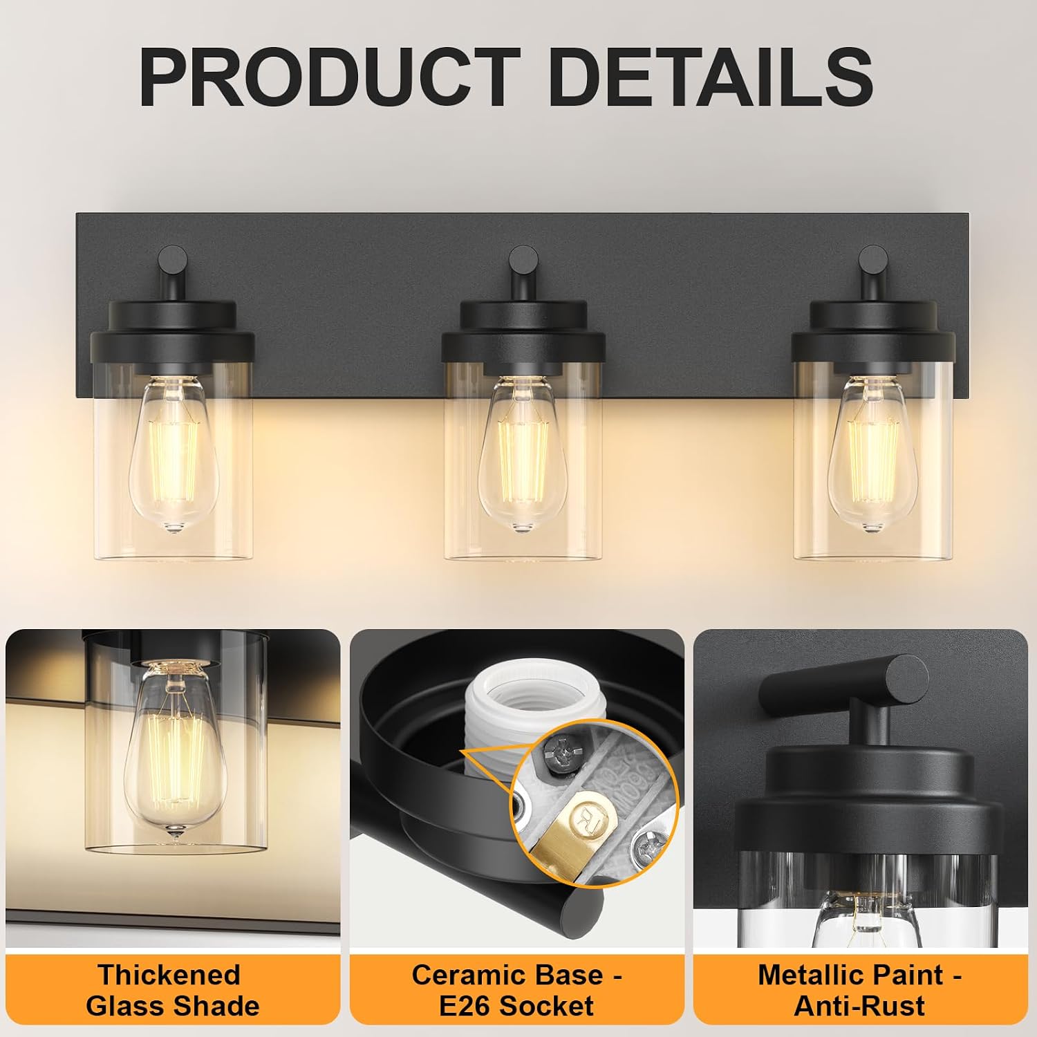 Detalle de IZORRO HL101-3T-CL 3-Light Bathroom Vanity Light, Matte Black, Clear Glass