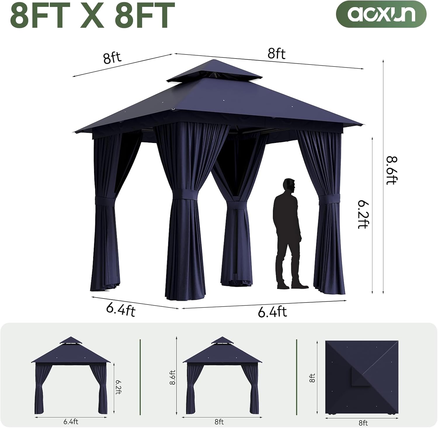 Detalle 2 de Aoxun G30067NEW 8' x 8' Outdoor Gazebo with Netting, Curtains and Double Roof