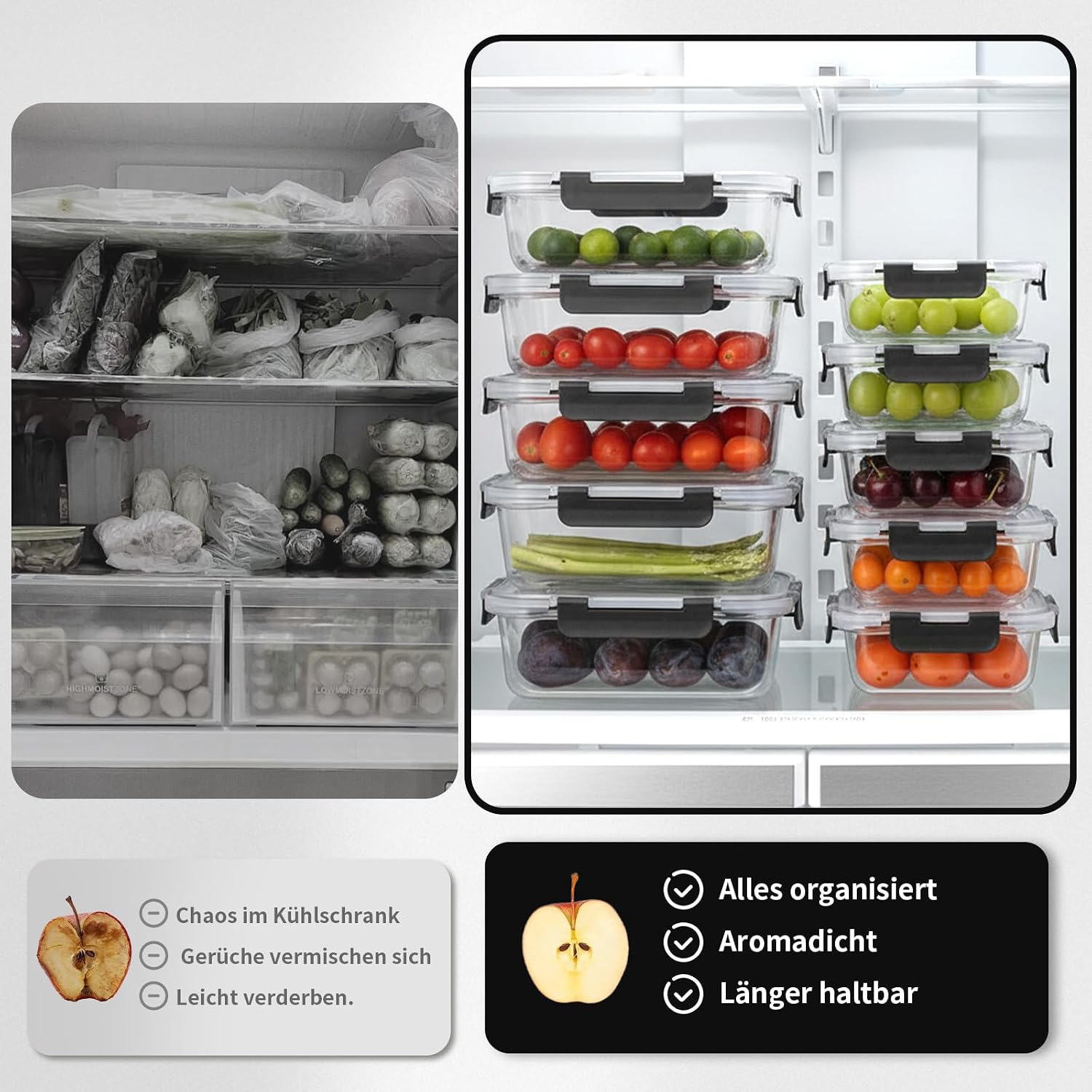 Detalle 2 de S SALIENT Glas-Frischhaltedosen Set – 10-teiliges Meal-Prep Glasbehälter-Set mit Deckel (5x1050ml + 5x370ml)