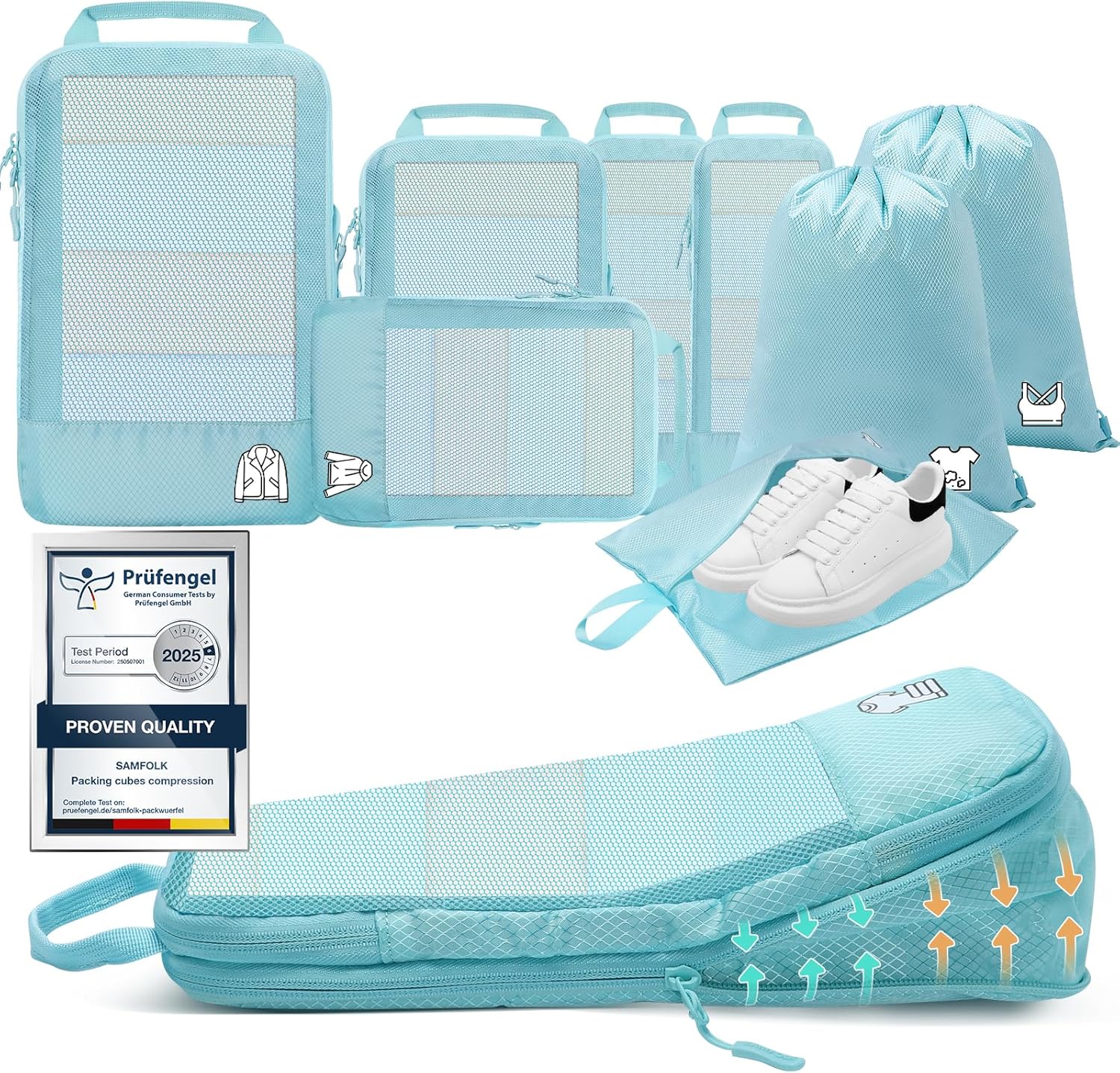 Detalle de 8-teilige Compression Packing Cubes – Hellblau, Koffer Organizer für Reisen
