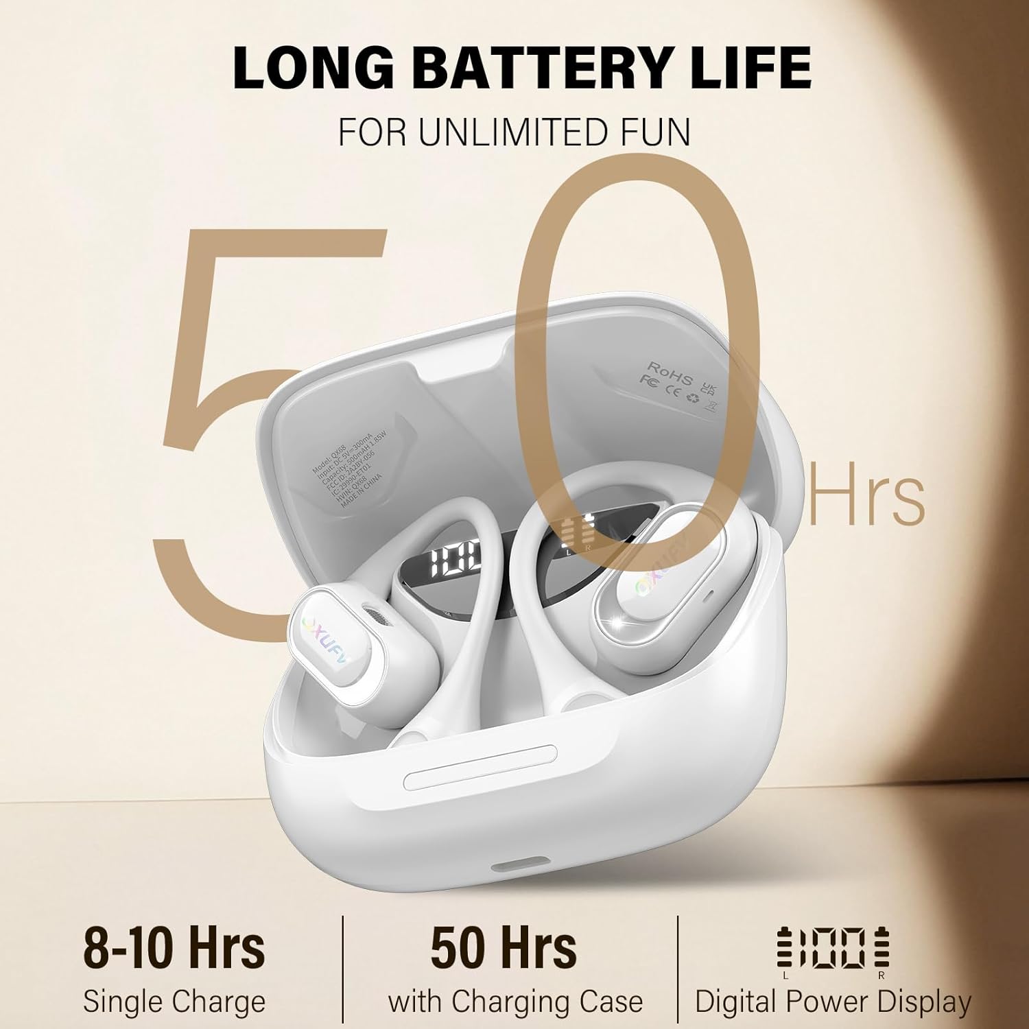 Detalle de Open-Ear Headphones with Bluetooth 5.4: Deep Bass Open-Ear Earbuds (White)
