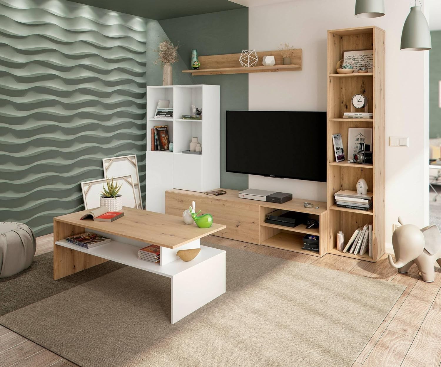 Thumbnail 3 de Dmora Tavolino Vail: tavolo basso salotto con contenitori, Rovere Nodi e Bianco lucido
