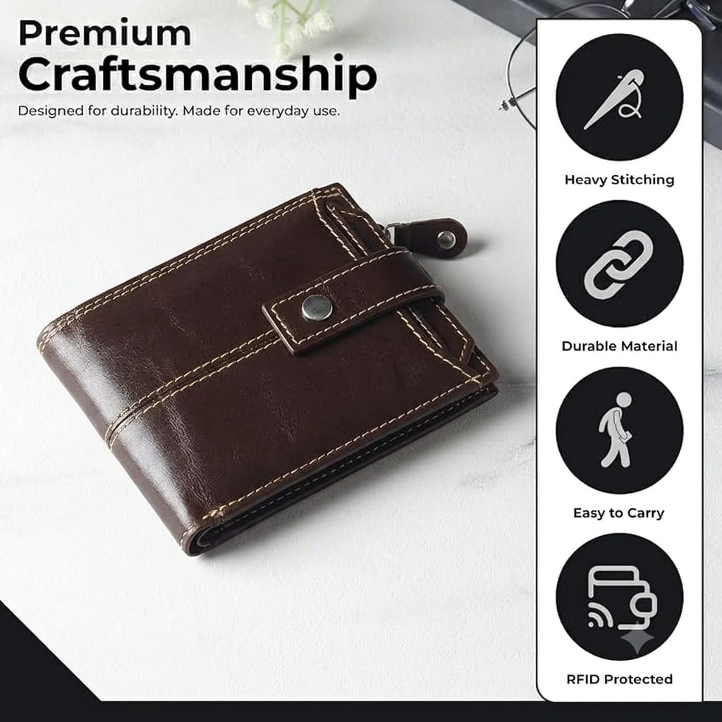 Detalle 2 de Thread & Stitch Genuine Leather Wallet for Men – Bifold, RFID Blocking, 10 Card Slots