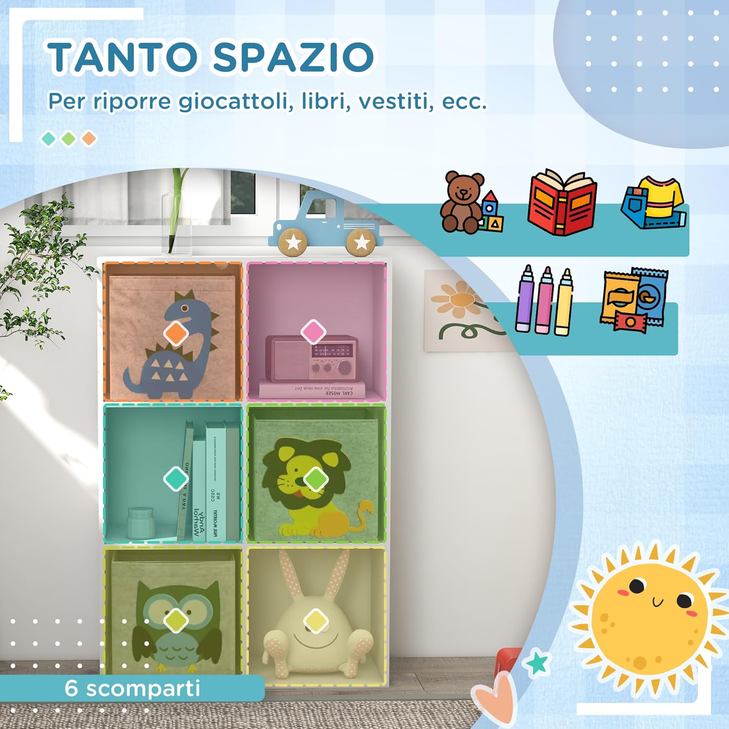 Detalle 2 de ZONEKIZ Meuble de Rangement pour Enfant – Bibliothèque à 6 compartiments avec cubes en tissu motif animaux