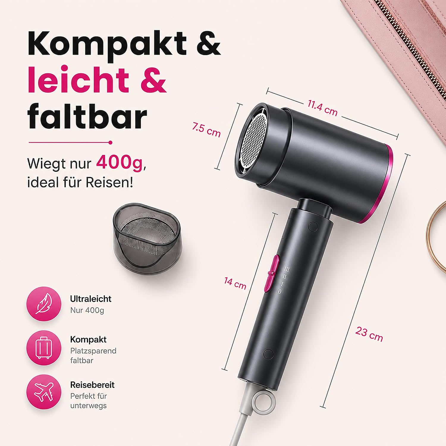 Detalle 1 de AIUNAOM Reisefön mit 2000 W, klappbar