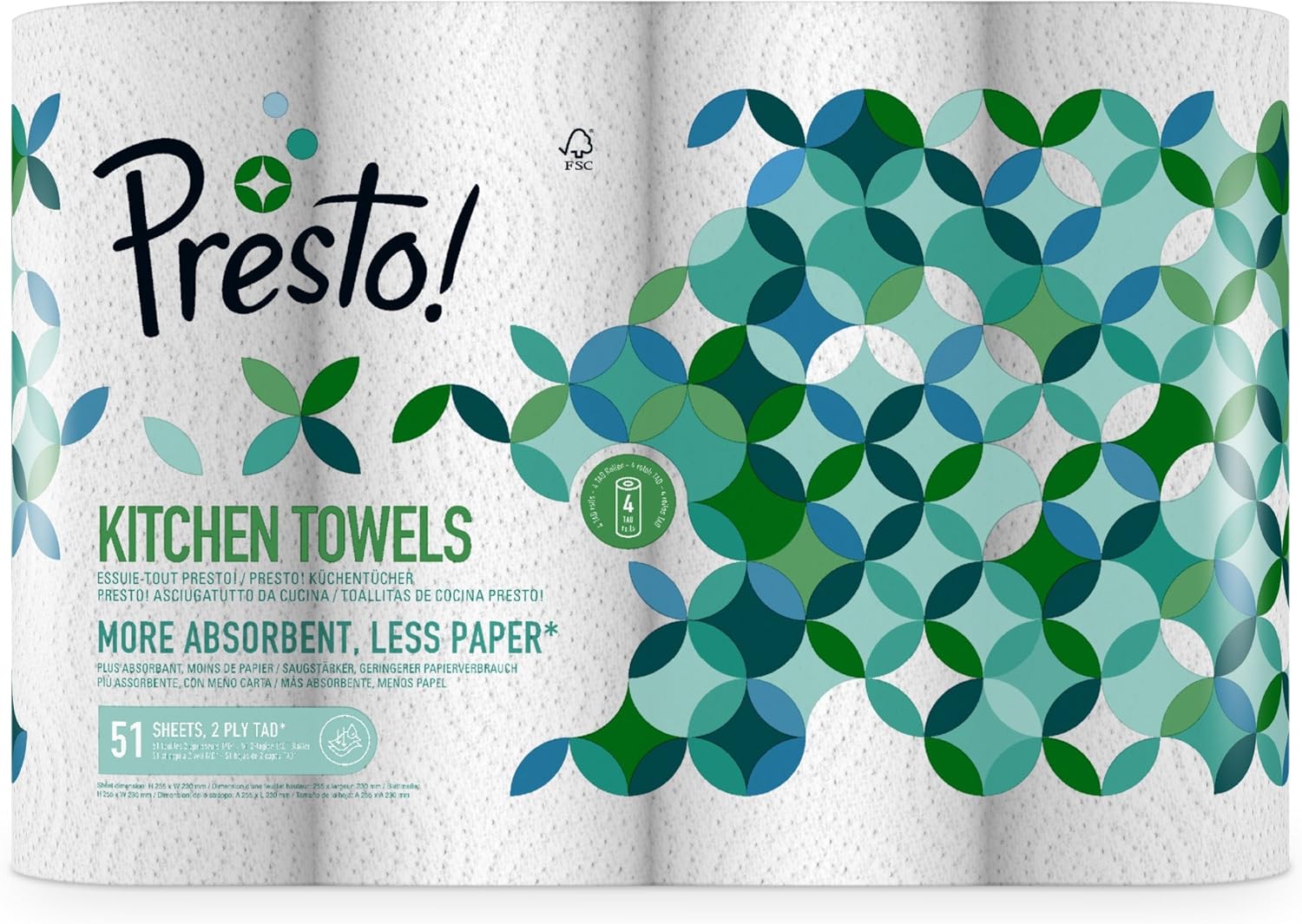 Detalle de Presto! Essuie-tout TAD Extra Absorbant – Lot de 32 rouleaux (51 feuilles par rouleau) – FSC certifié