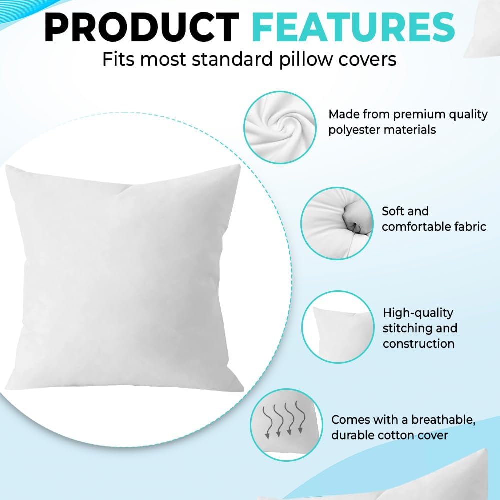 Detalle de QUBA LINEN 18 x 18 Throw Pillow Insert – Pack of 2 White, Down Alternative