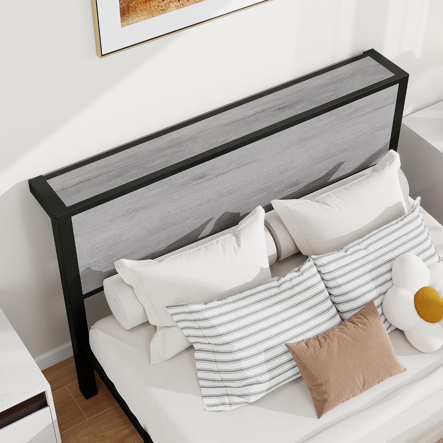Thumbnail 4 de DUMEE Double Bed Frame with Wooden Storage Shelf Headboard and Metal Platform – Black/Grey Oak