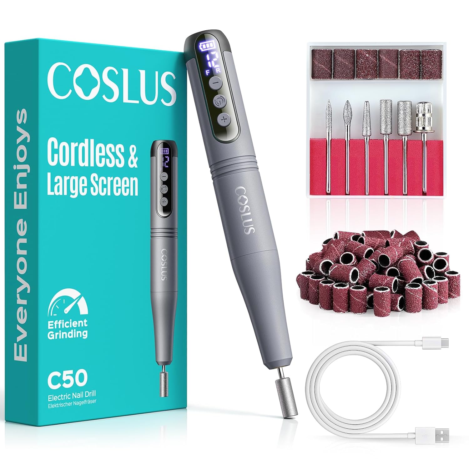 Detalle de COSLUS C50 Nagelfräser Kabellose Elektrische Nagelfeile – 12 Stufen, LED-Display, USB-C, 77 g