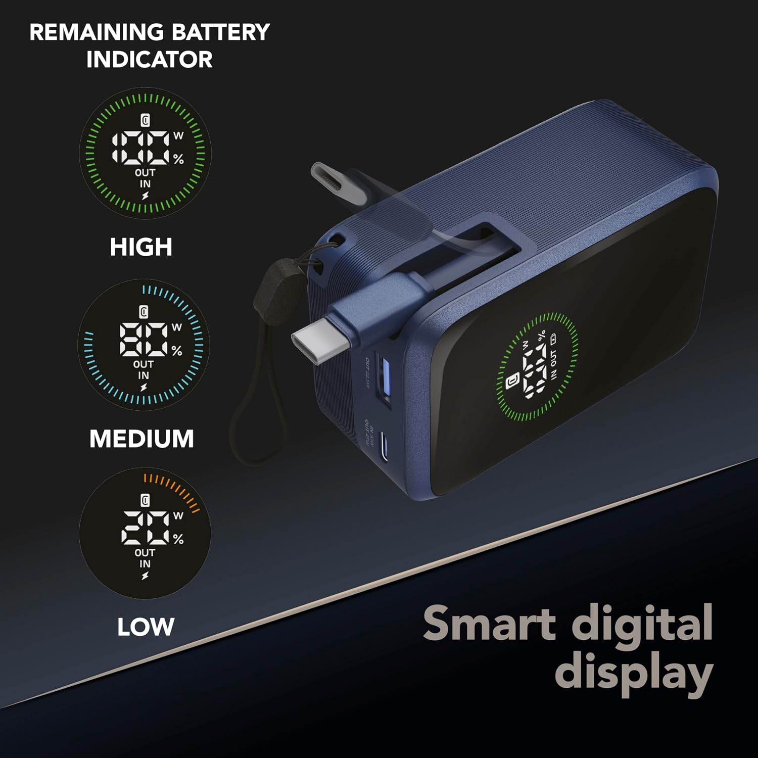 Detalle de Power Bank Roller 10.000 mAh di Cellularline – ricarica rapida 45 W, USB-C retrattile, display LCD