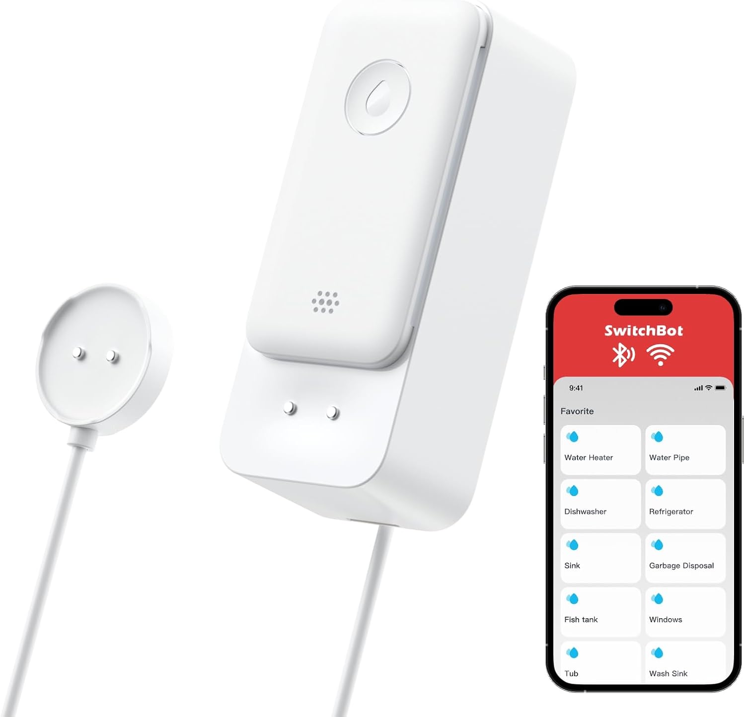 Detalle de SwitchBot Sensore d’Acqua WiFi senza hub richiesto (Supporto 2.4G) con rilevatore perdite e allarme 100 dB, IP67