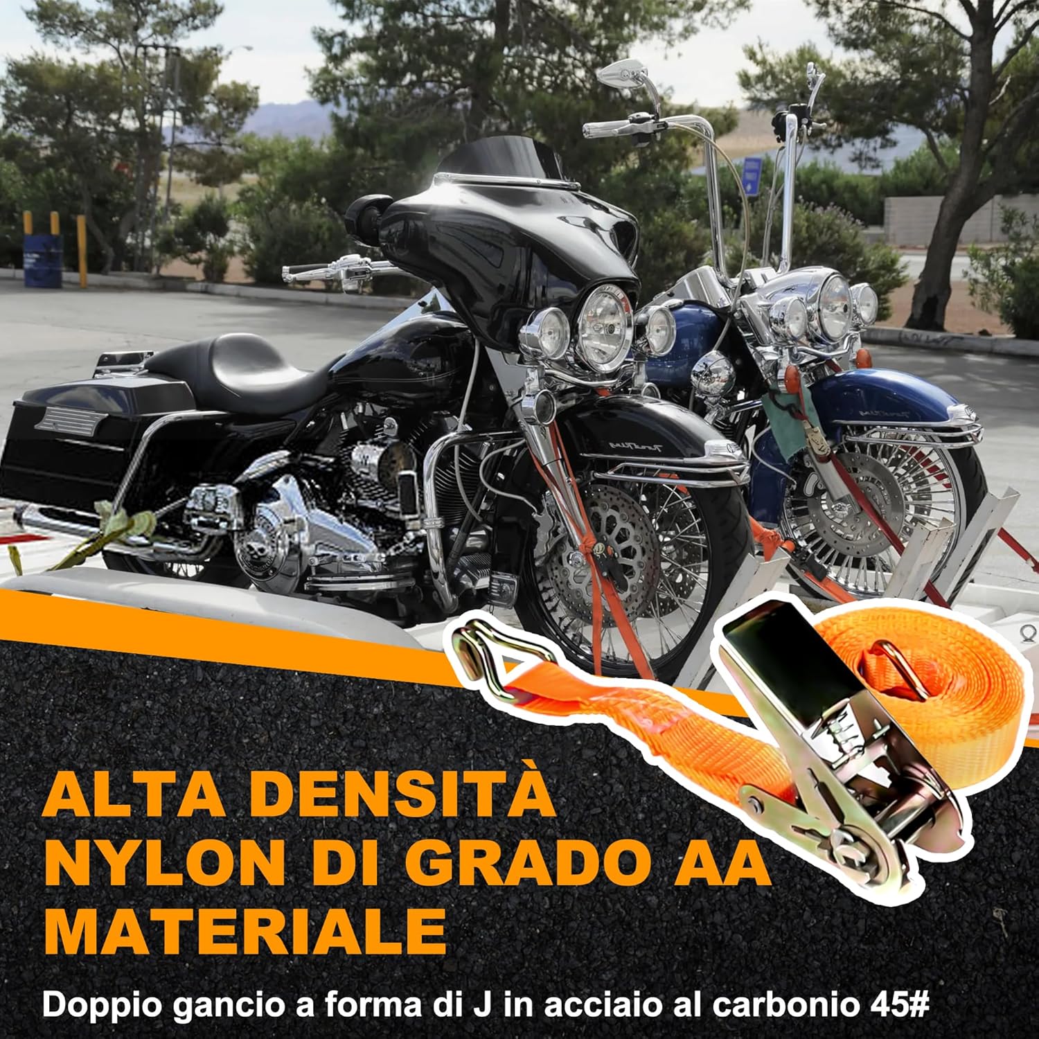 Detalle de Set 3 cinghie a cricchetto 1200 kg Manduka, 6 m x 25 mm (arancione)