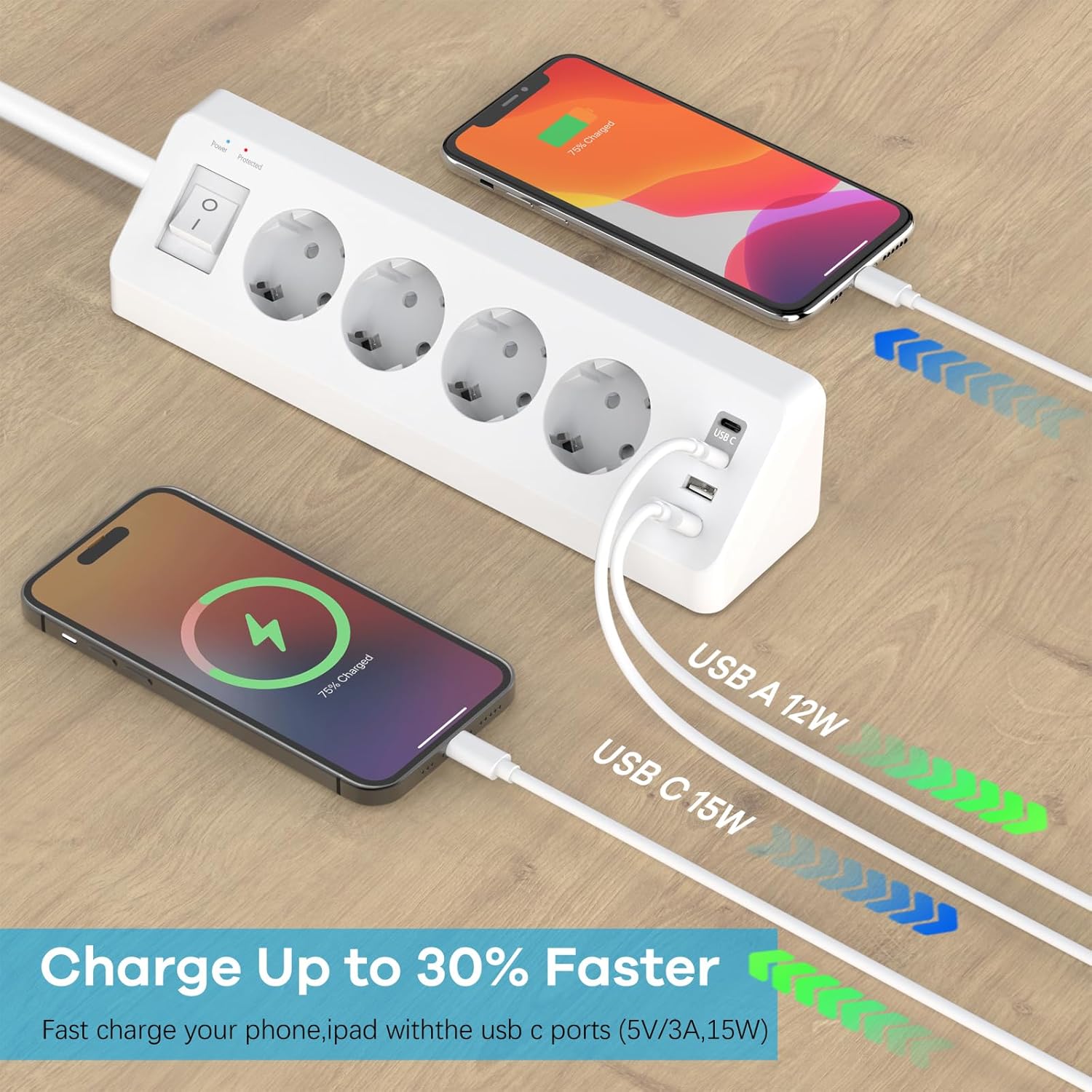Thumbnail 6 de 4 Fach Steckdosenleiste mit USB C – Ecksteckdose mit Schalter, 3 m Kabel