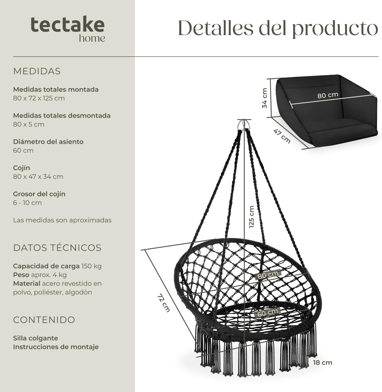 Thumbnail 5 de tectake Columpio Jardín Exterior Silla Colgante con Cojín
