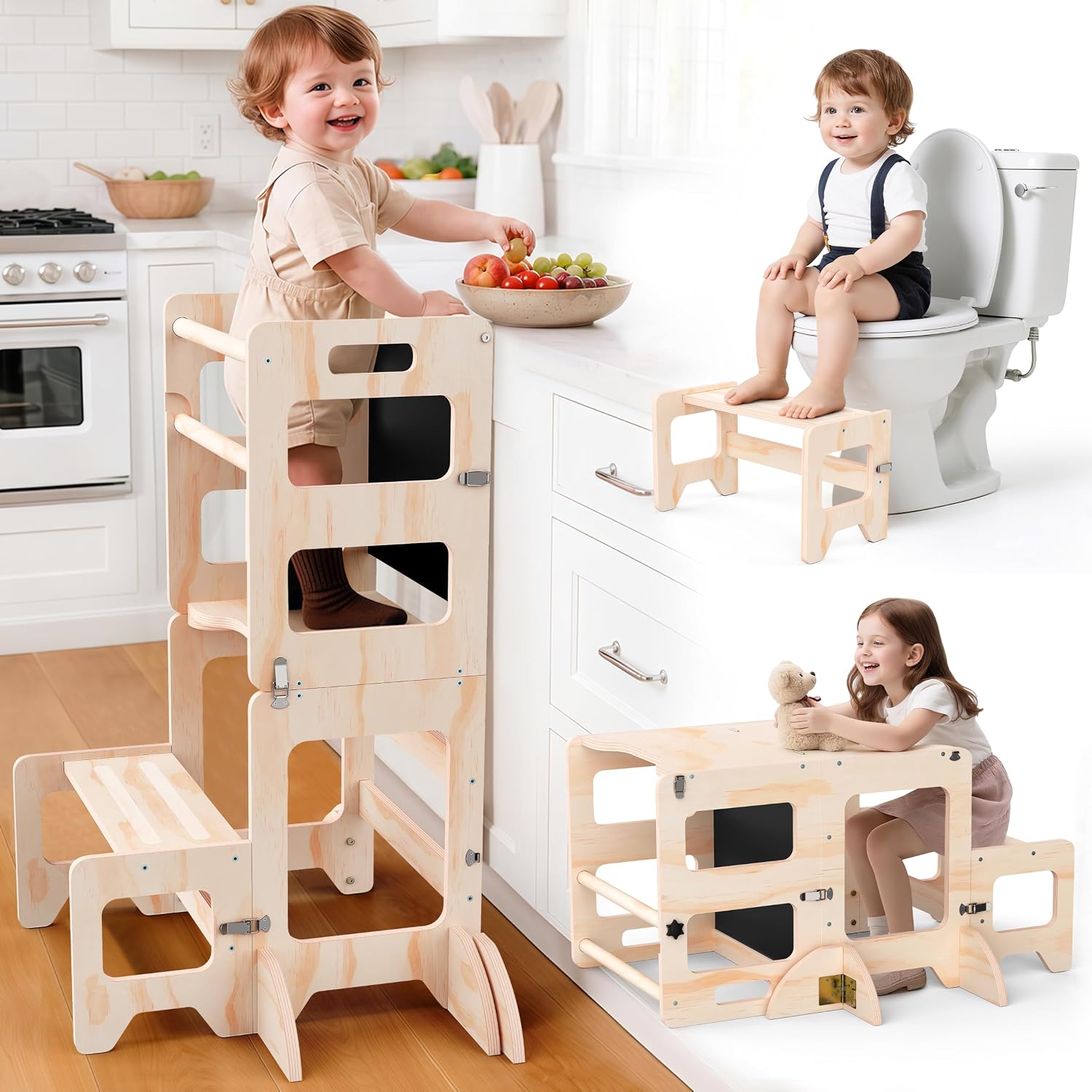 Detalle de Toddler Kitchen Step Stool 4-in-1 Foldable Standing Tower with Blackboard (Ages 18 Months to 4 Years)