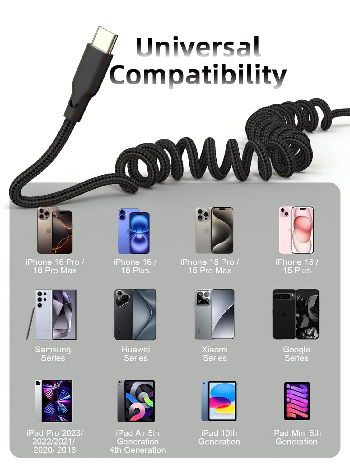 Detalle 2 de Quickeep Car Carplay Cable 3ft Coiled USB A to C
