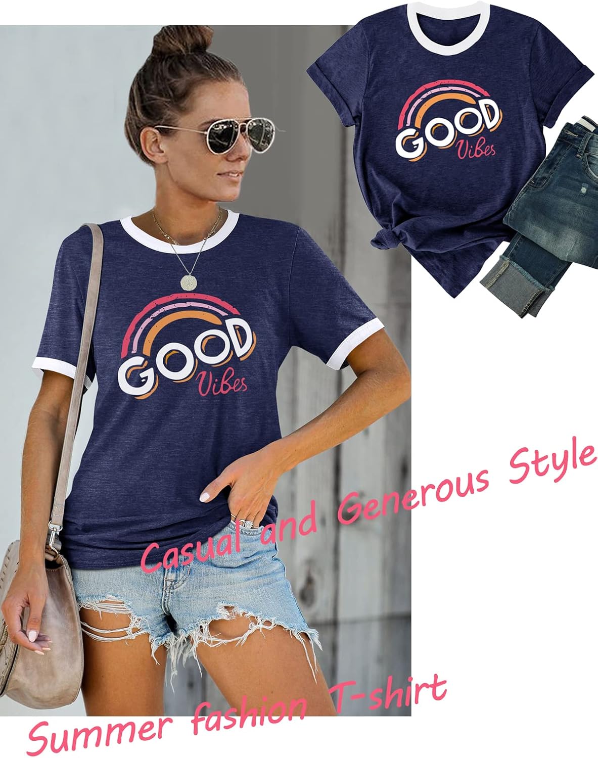 Thumbnail 4 de WIEIYM Women’s “Good Vibes” Rainbow Graphic T-Shirt (Short Sleeve, Round Neck) in S–XXL
