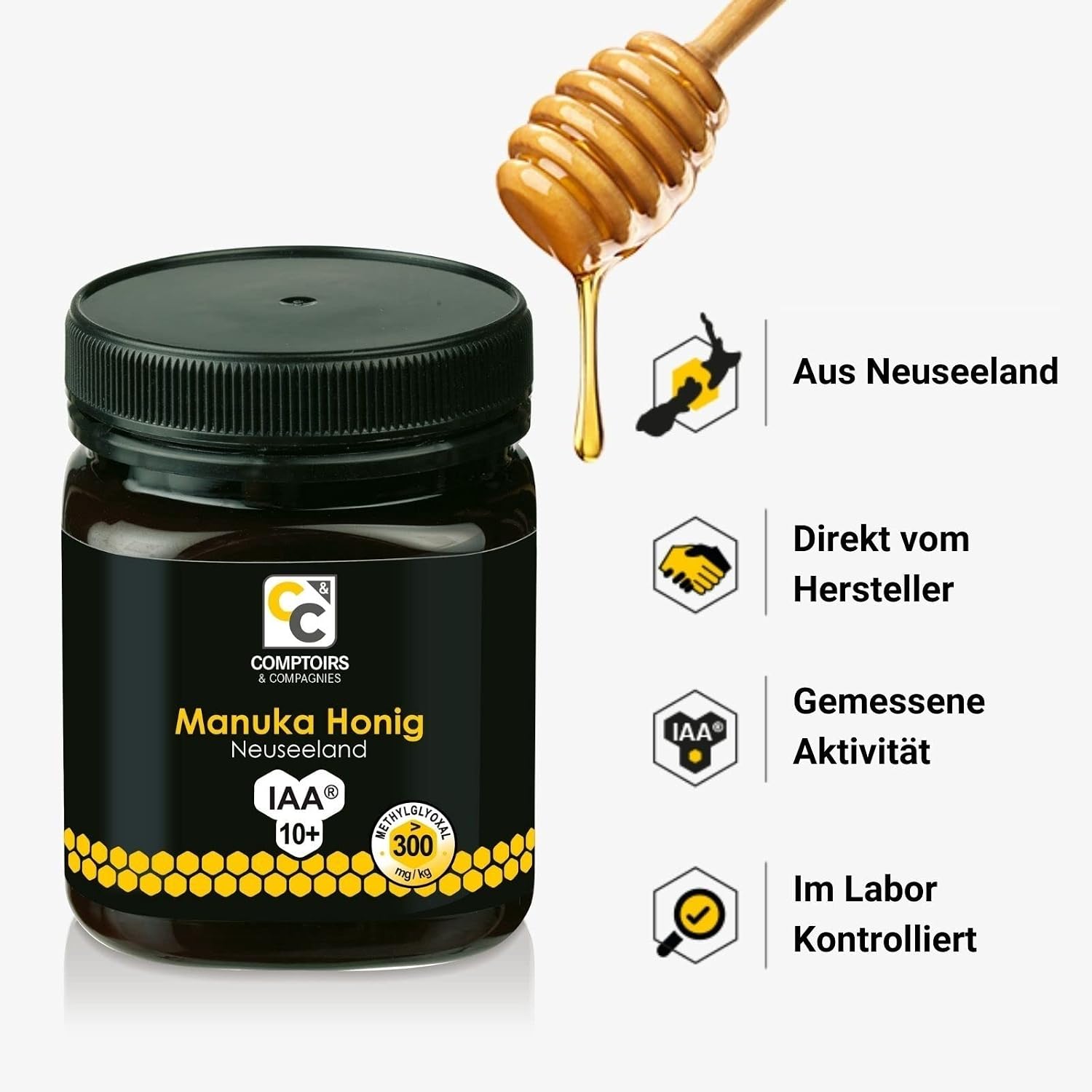 Detalle de Comptoirs et Compagnies Manuka Honig MGO 300 IAA10+ – 250 g aus Neuseeland