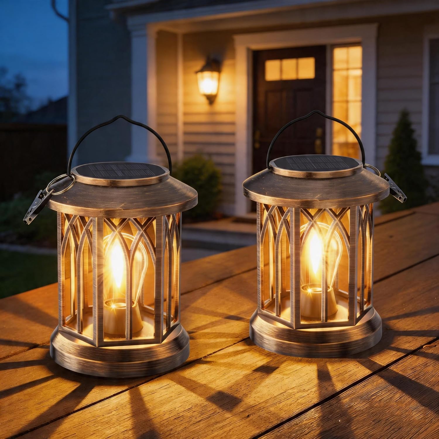 Detalle de BUCASA Solar Lanterns Outdoor Garden Lights (2-pack) – Retro hexagon hanging solar ornaments in bronze