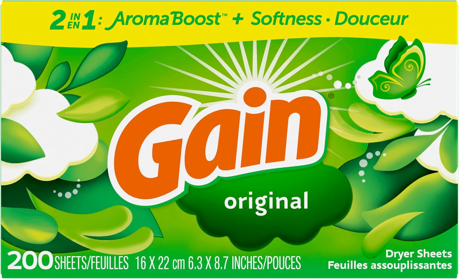 Detalle de GAIN Dryer Sheets, Original Scent, 200 Count for Softness and Static Reduction