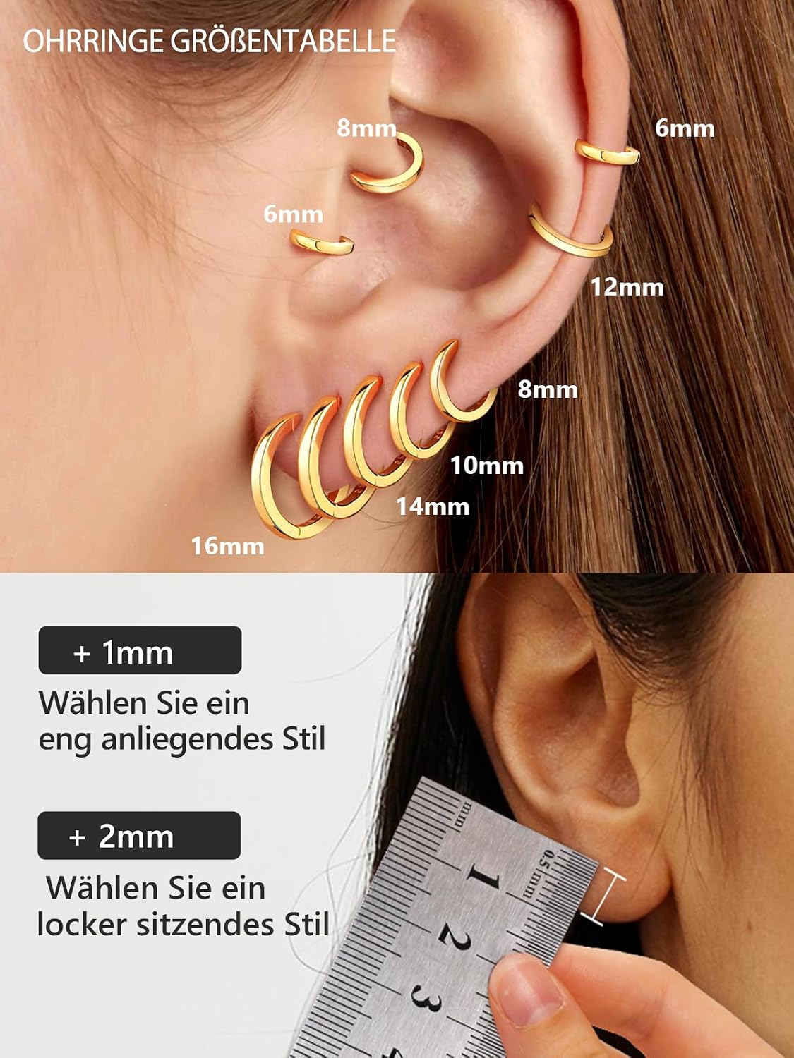 Detalle de Silvora Kleine Creolen aus 925 Sterling Silber (8 mm, auch andere Größen) – Huggie/Schläfer Ohrringe für Damen & Herren