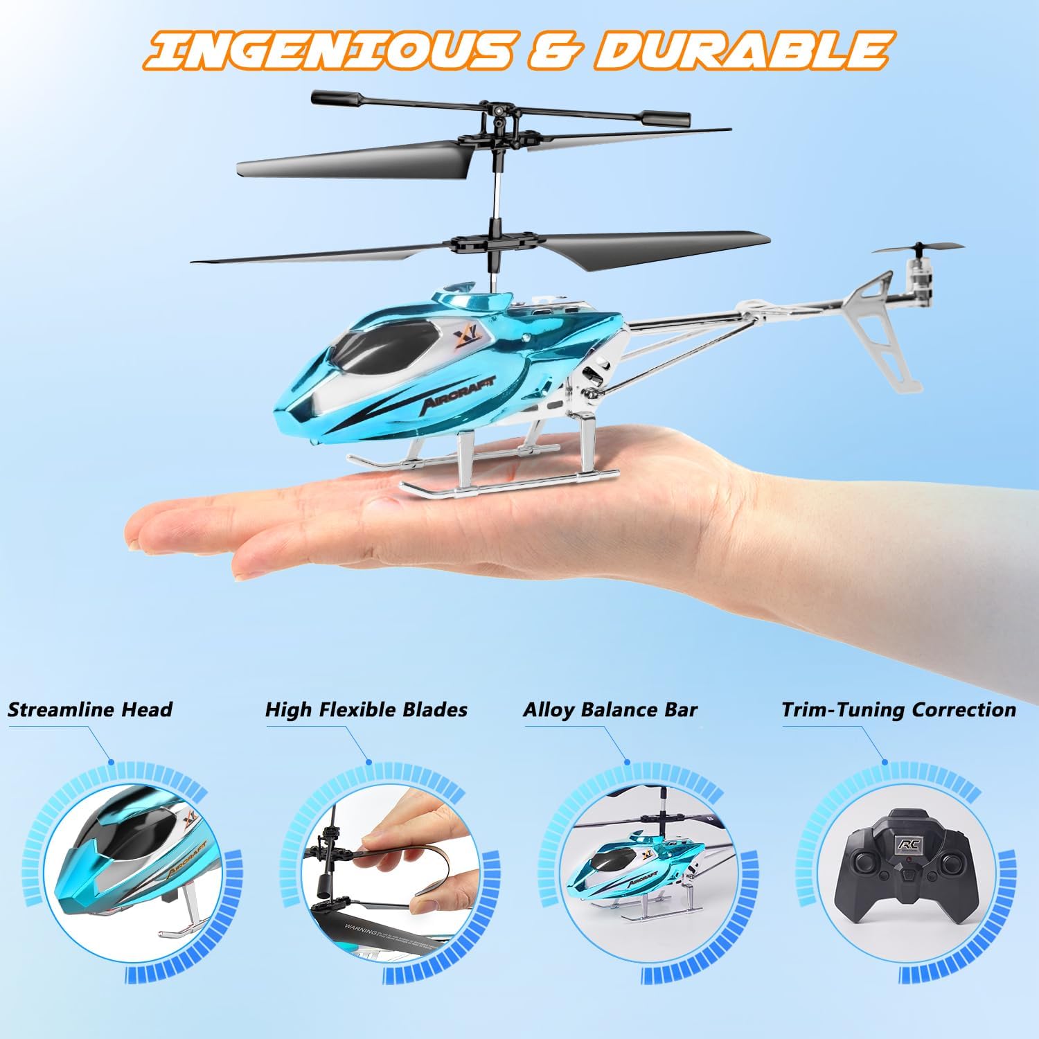 Detalle de TERRAMUS Remote Control Helicopter for Kids — 2.4G Altitude Hold, LED Lights and Gyro