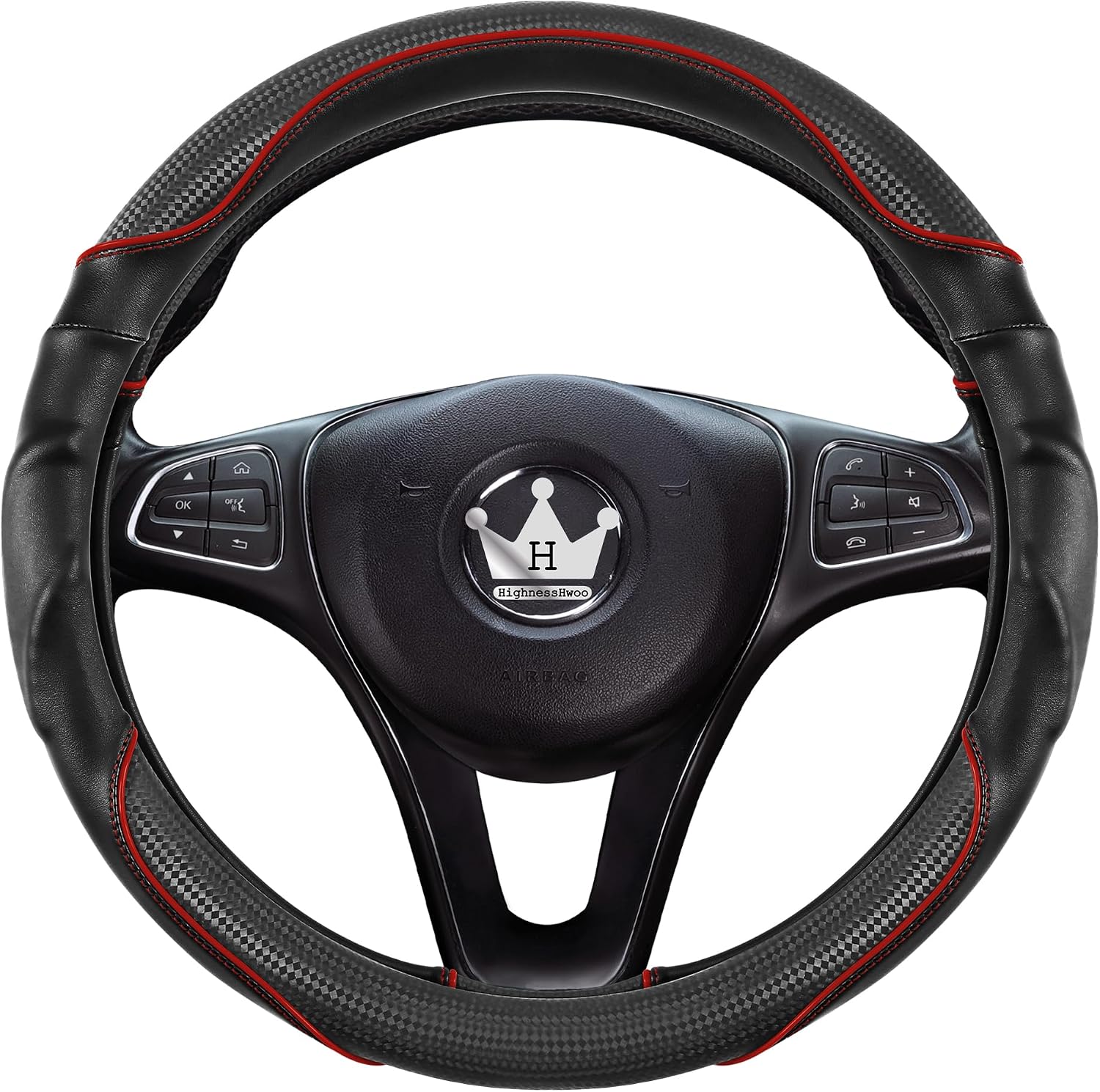 Thumbnail 2 de HighnessHwoo 3D Car Steering Wheel Cover – Comfort Grip, Anti-Slip Carbon Fibre Faux Leather, 37–38 cm, Red (Universal Fit)