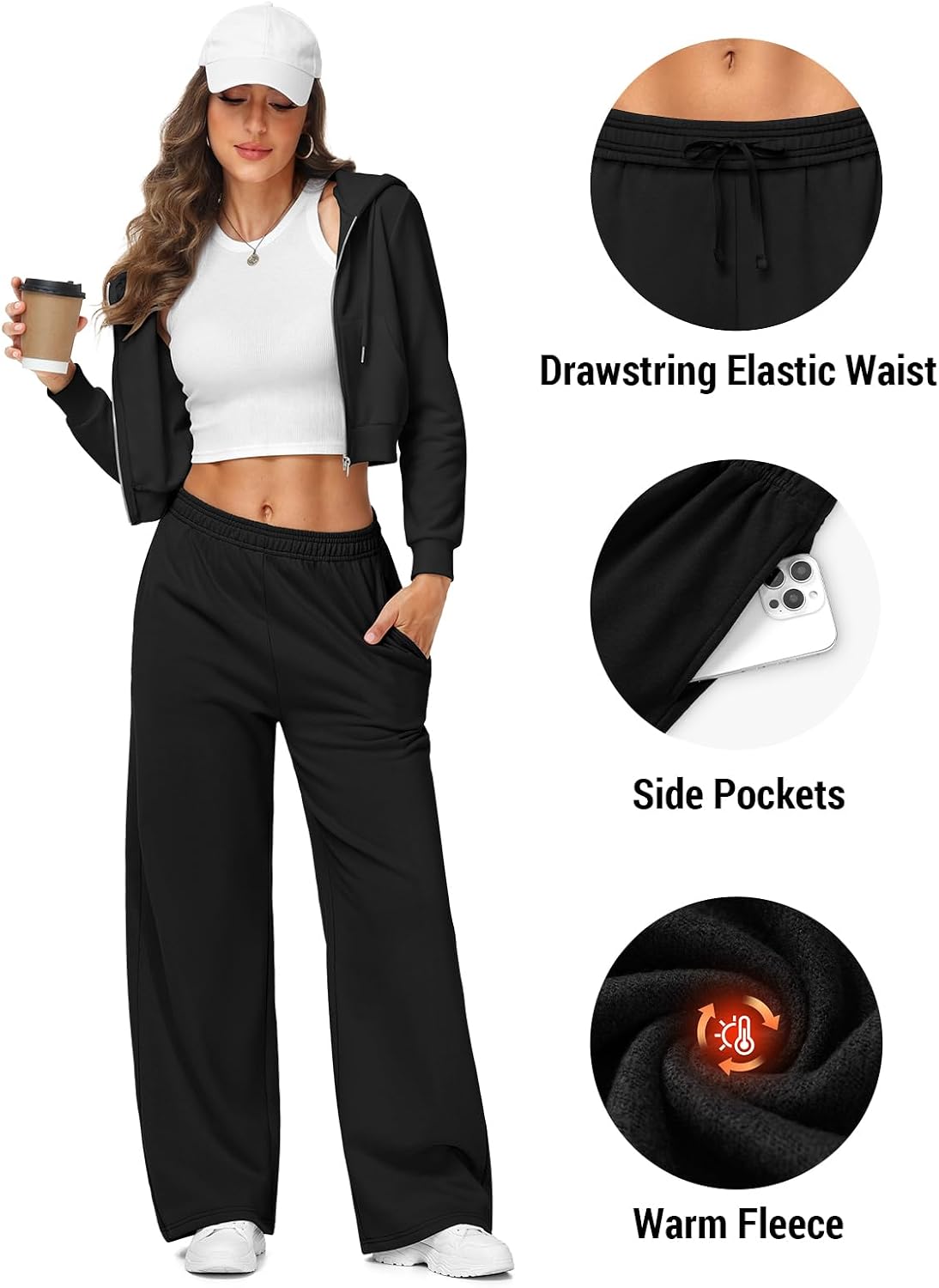 Detalle de HMIYA Women’s Fleece-Lined Wide-Leg Sweatpants, 27.4"–27.8" Inseam