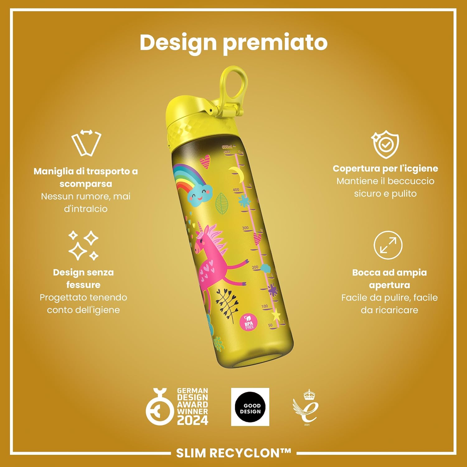 Detalle de Ion8 Borraccia 500 ml a prova di perdite – Unicorni Gialli, facile da aprire, lavabile in lavastoviglie e senza BPA