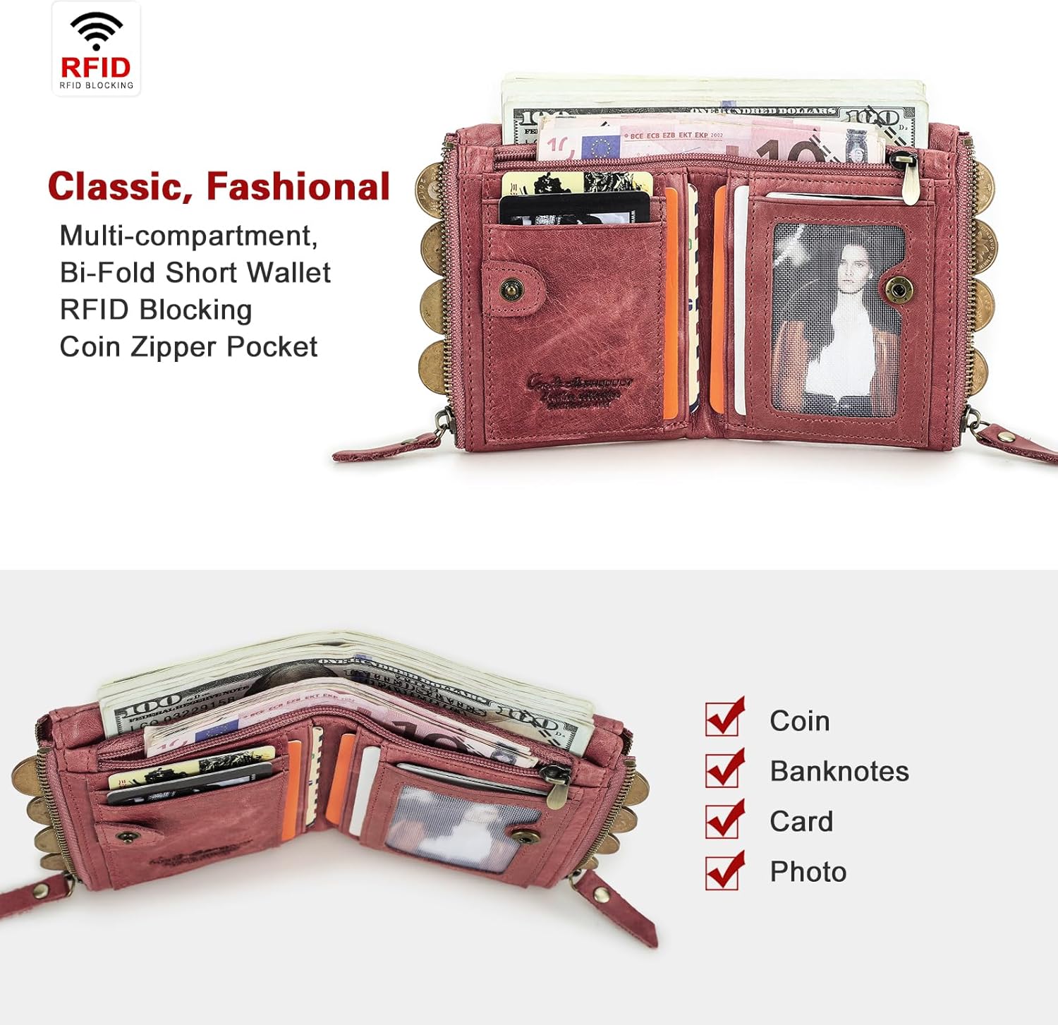 Detalle de CONTACTS RFID Short Leather Wallet for Women – Dark Pink with Double Zipper