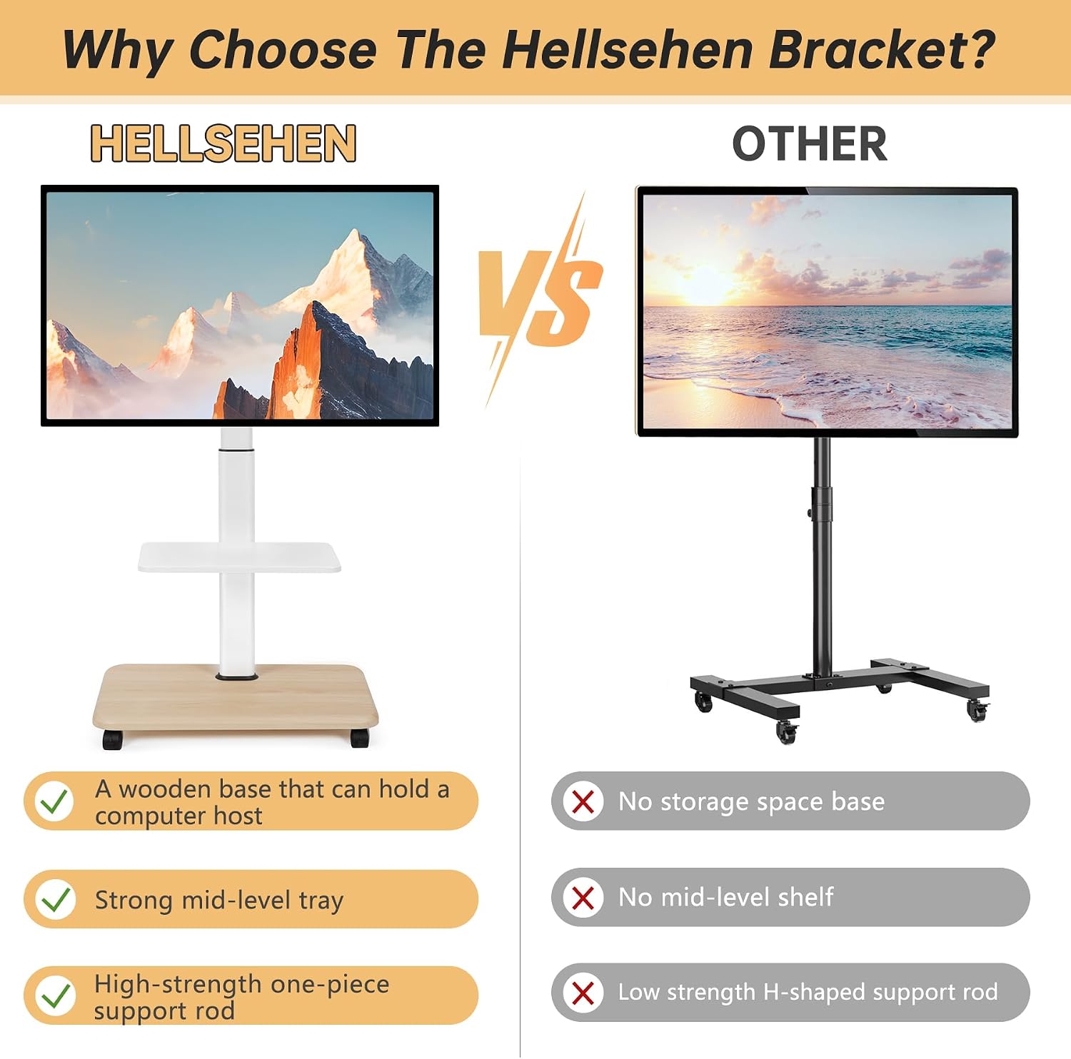 Thumbnail 3 de Hellsehen Rolling TV Stand for 32-70 Inch Displays with Lockable Wheels