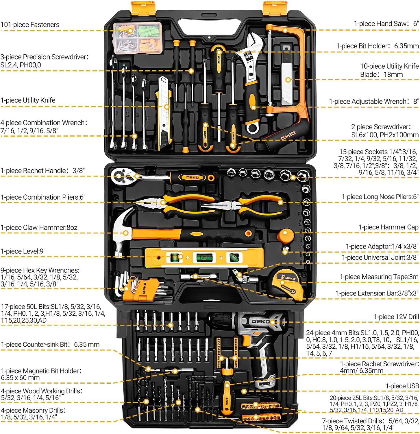 Detalle de DEKOPRO DKMT238D 238-Piece Tool Set with 12V Cordless Drill and Drawer