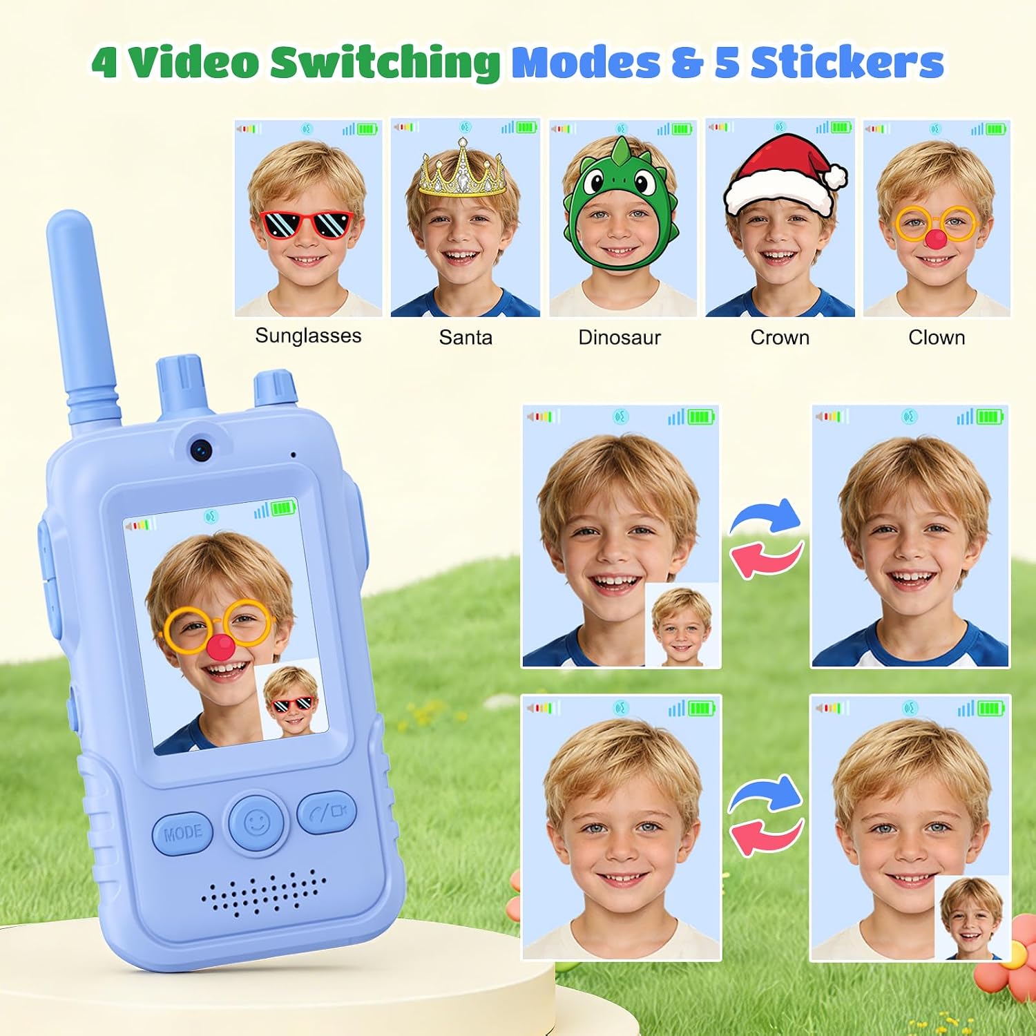 Detalle de GREENKINDER Video Walkie Talkie für Kinder mit Kamera (Sprechen & Sehen gleichzeitig) – 2er-Set, aufladbar, mit Gürtelclip & Taschenlampe