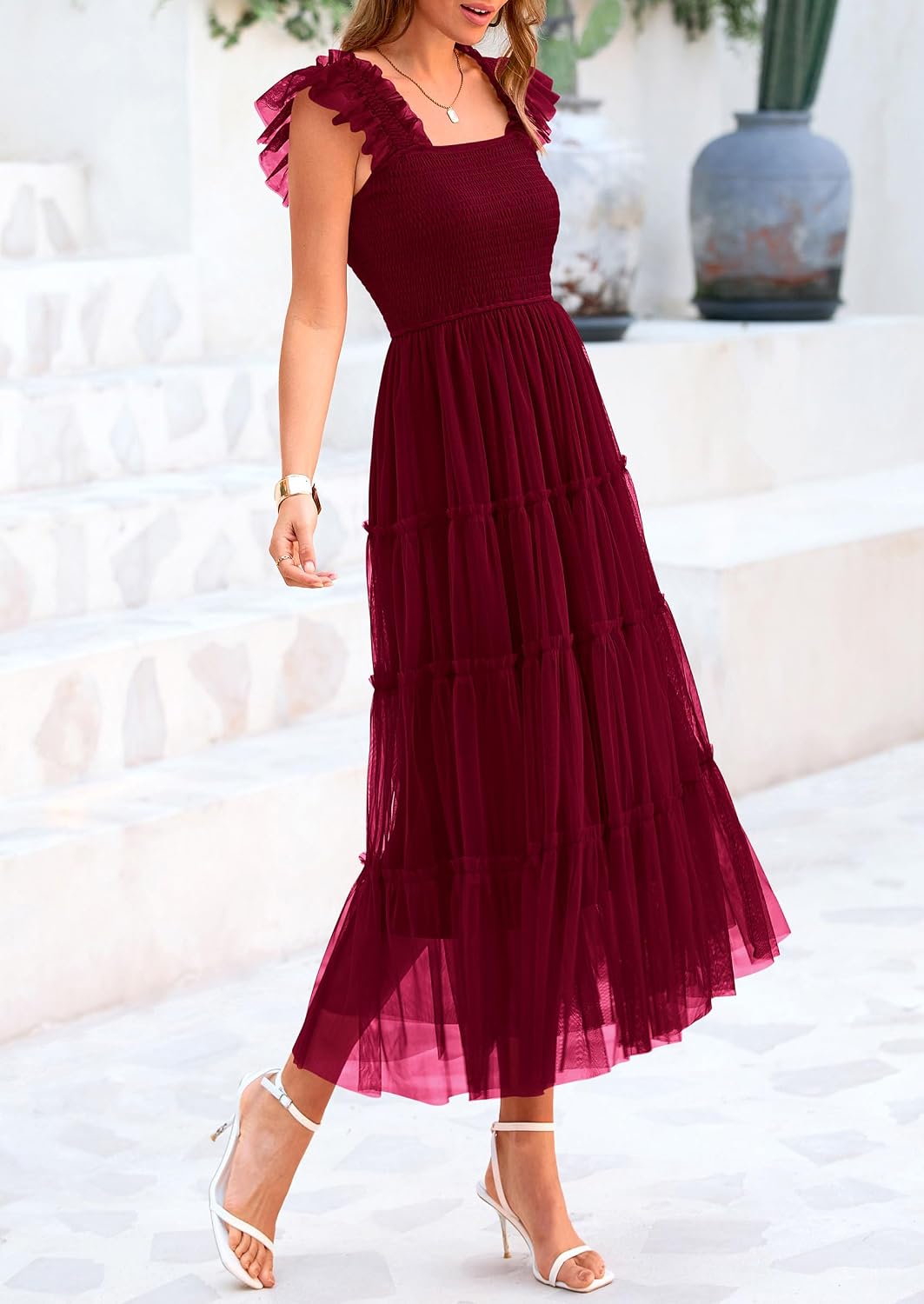 Detalle de PRETTYGARDEN Women's Summer Tulle Midi Dress with Smocked Ruffle Detail