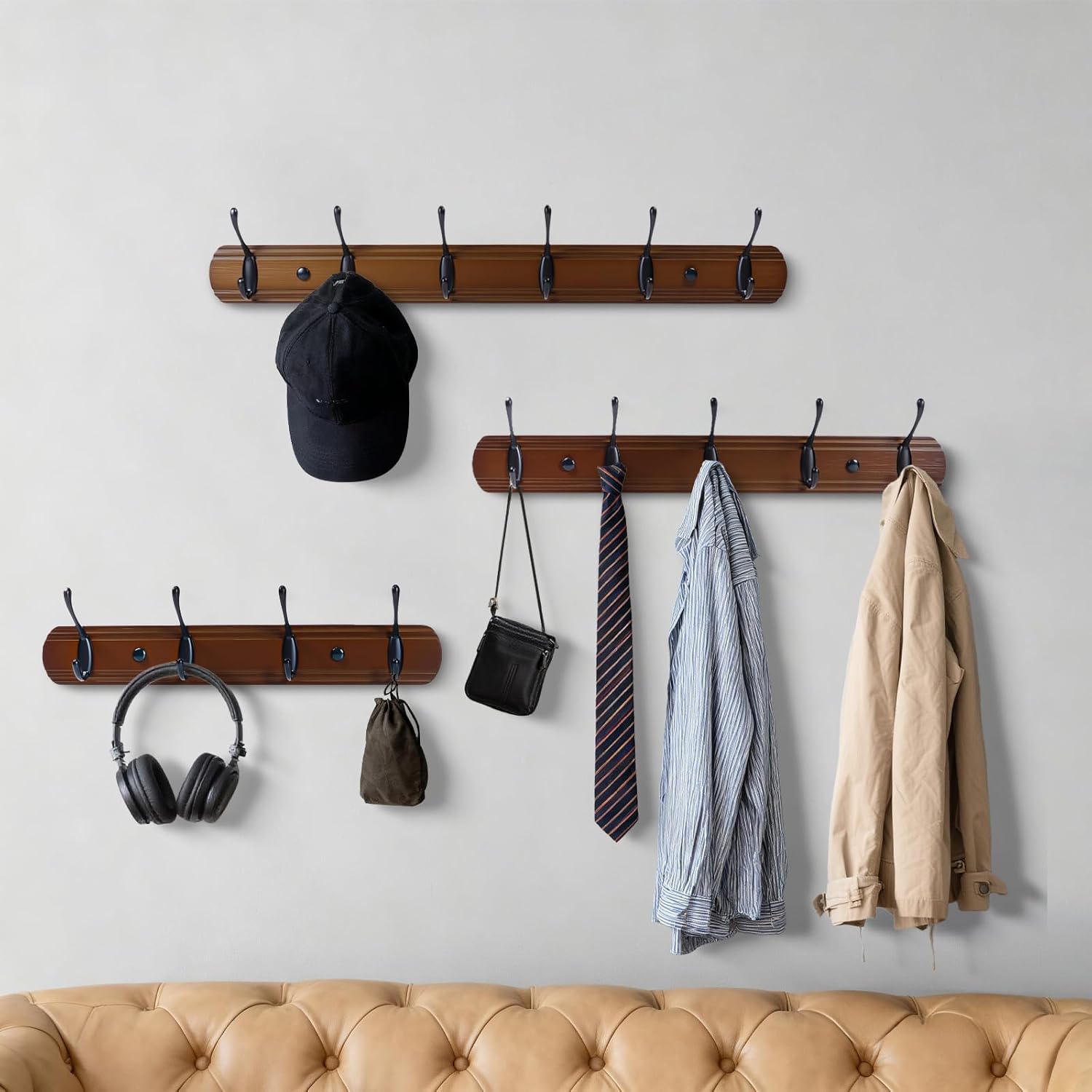 Detalle de Yundoza Coat Hooks Wall Mount – Wood Bamboo Coat Rack with 5 Metal Hooks (Brown & Black)
