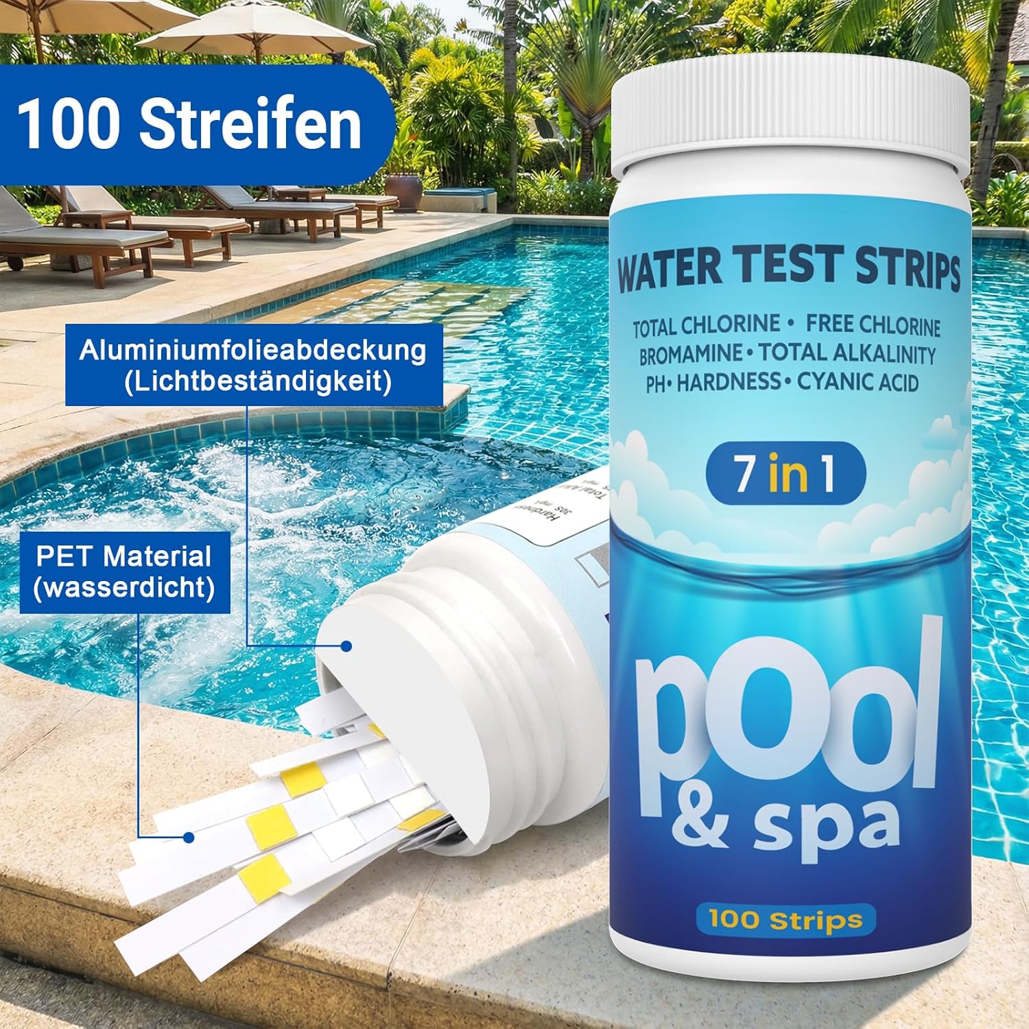 Thumbnail 3 de Pool Teststreifen 7-in-1 – Professioneller 100er-Vorrat für Pools, Whirlpools und Spas