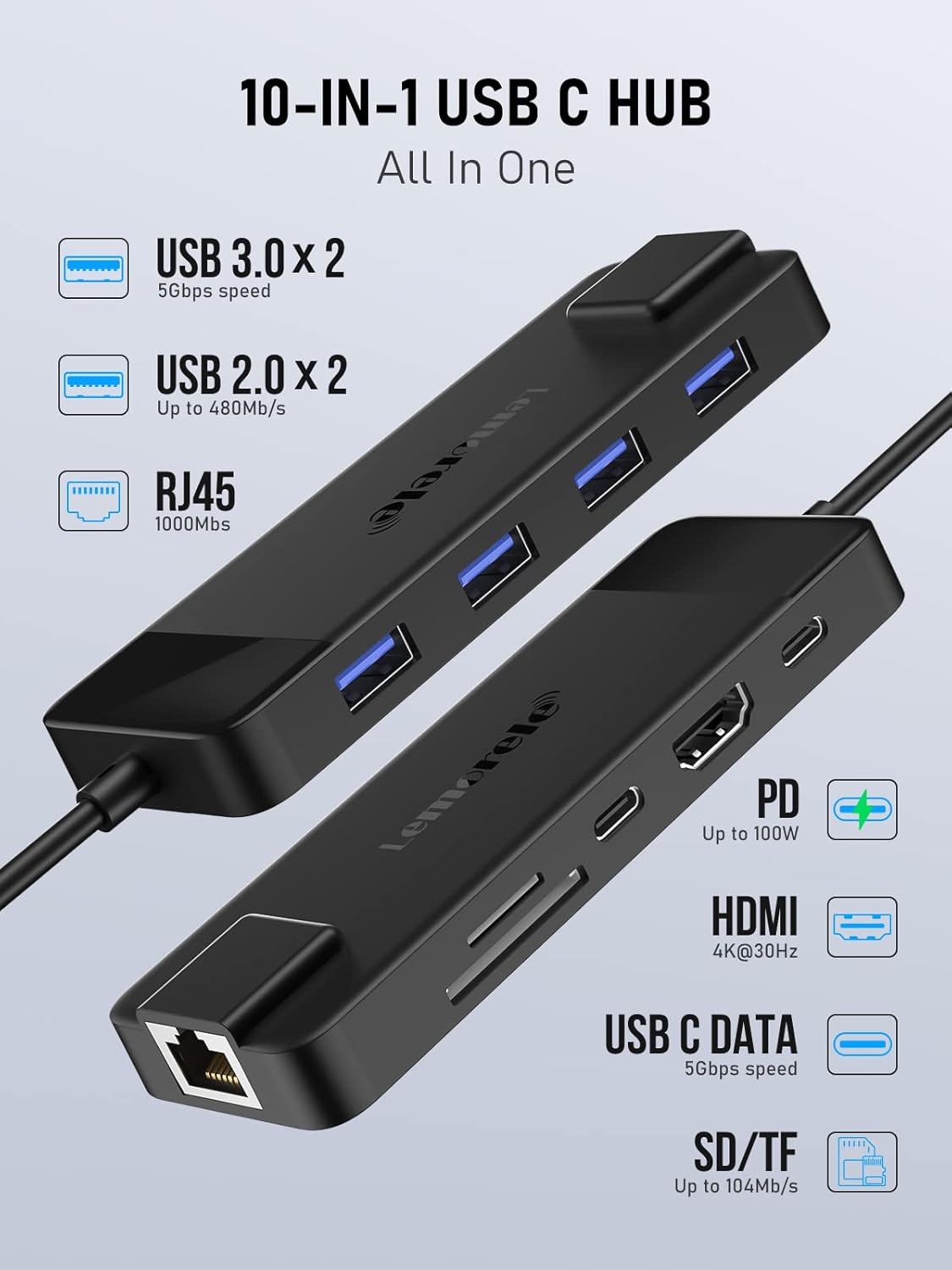 Thumbnail 1 de Lemorele USB-C Dockingstation 10-in-1 (2025 Upgrade) mit Gigabit-Ethernet, 4K-HDMI und 100 W PD