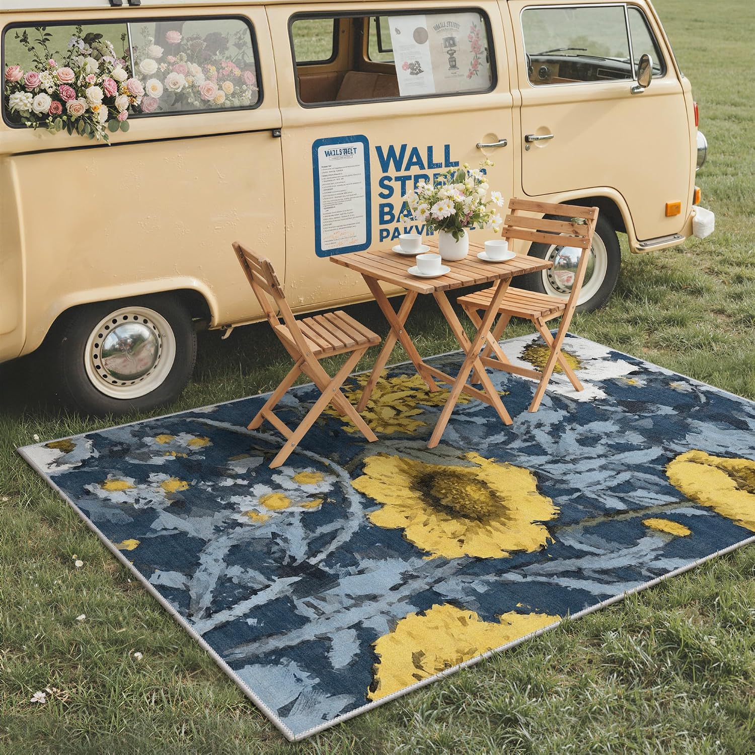 Detalle de GENIMO 5 x 8 Rug: Washable Navy and Yellow Floral Indoor-Outdoor Area Rug